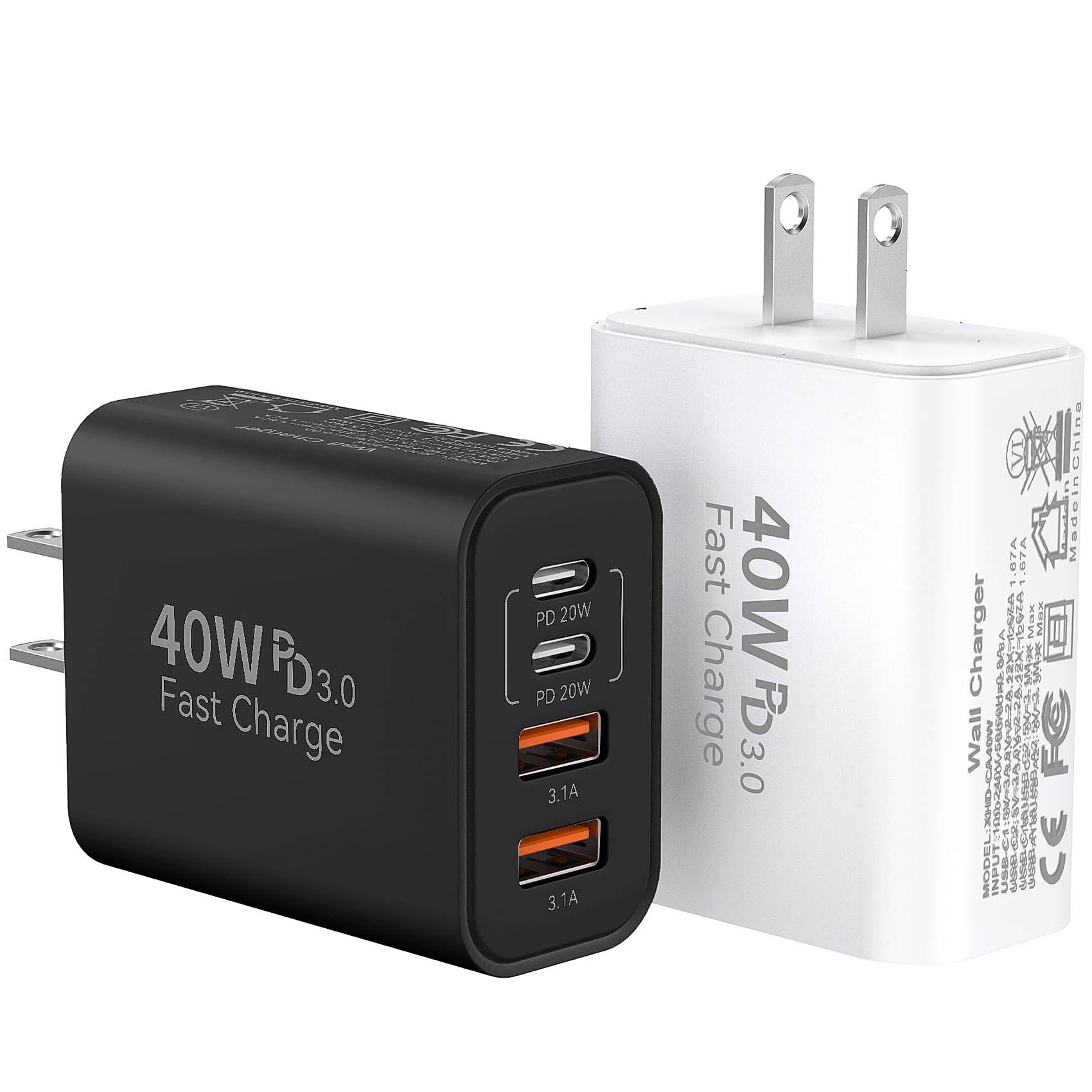 40W 4-Port USB C Fast Charger Block with PD & QC 3.0 - Dual Type C & USB A Wall Charger for iPhone 16/15/14/13/12/11 Pro Max, iPad, Samsung Galaxy - Perfect for Home, Office & Travel (2-Pack)