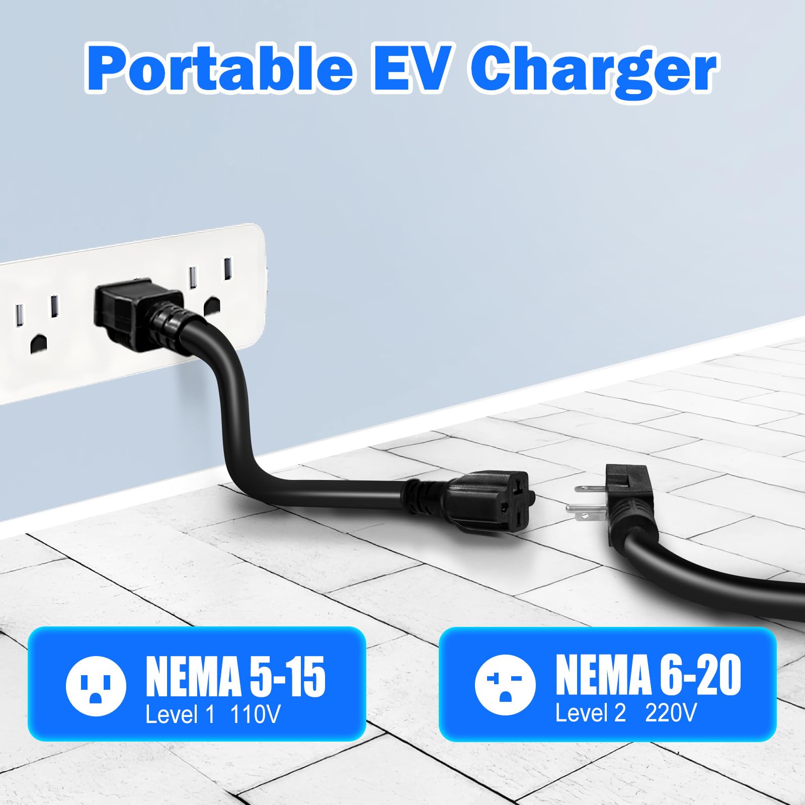 16Amp 110-240V Level 1 & 2 EV Charger with 25ft Cable - NEMA 5-15P & 6-20 Plug - Compatible with Tesla, J1772 EVs - Portable Home & Outdoor Electric Vehicle Charger (White) - Perfect for Garage, Road Trips & Public Charging Stations