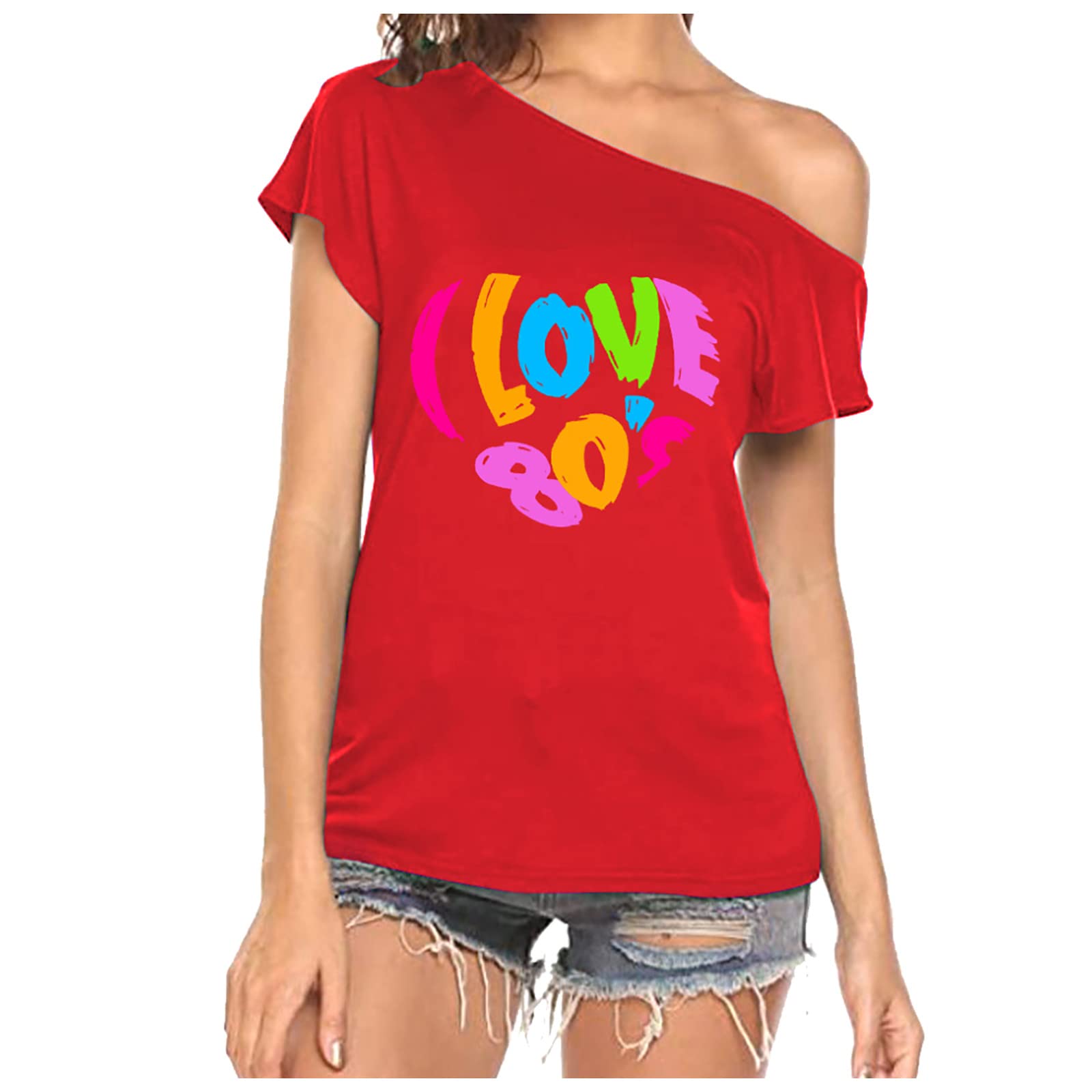 Vintage 80s Off Shoulder T-Shirt for Women - Retro Disco Party Top & Casual Wear | 80s Costume, Plain Tee for Concerts, Themed Parties & Everyday Fashion