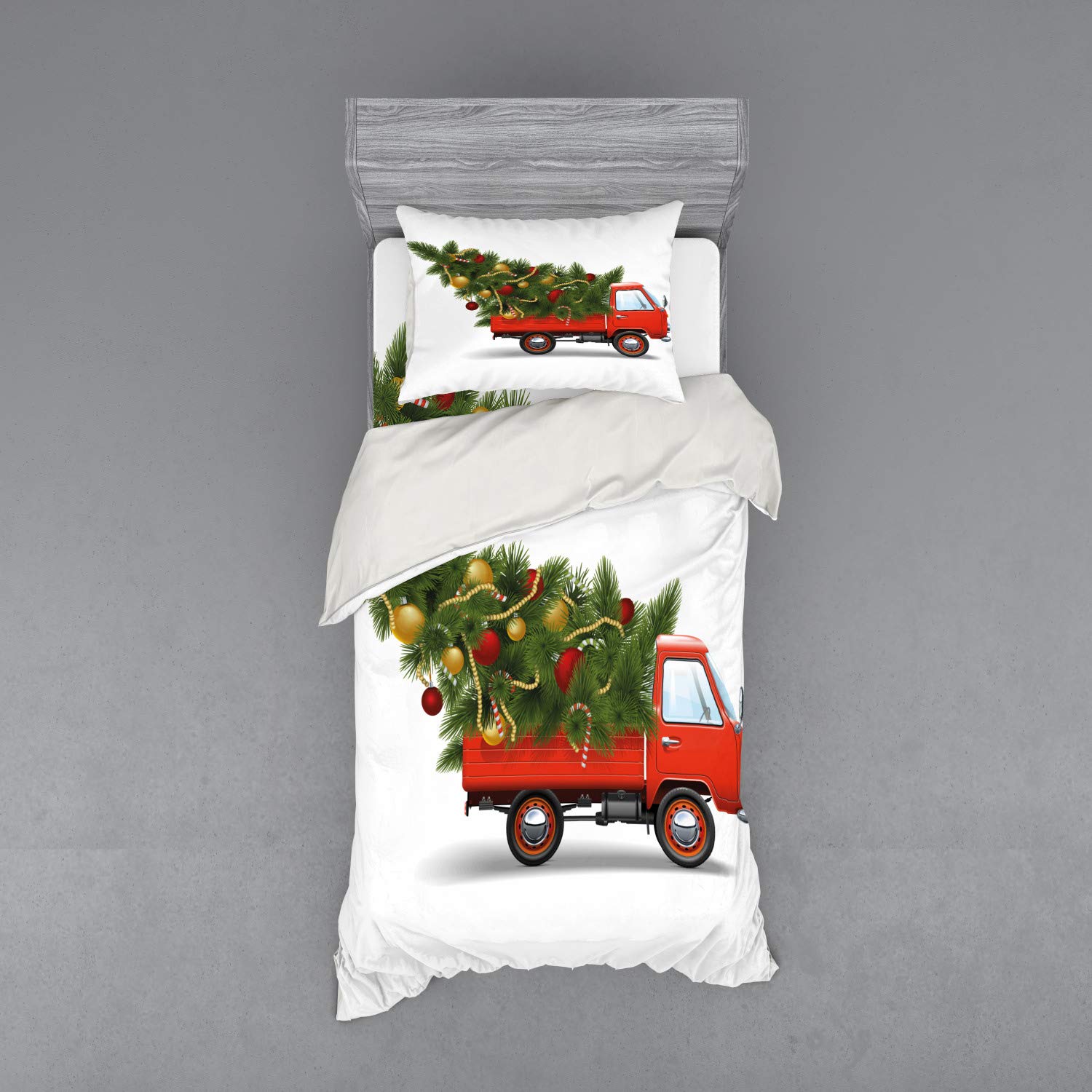 Ambesonne Christmas Bedding Set - Red Retro Farm Truck & Festive Tree Design, 3-Piece Duvet Cover with Sham & Fitted Sheet, Twin XL Size (White/Red/Green) - Perfect for Holiday Guest Rooms & Cozy Winter Bedrooms