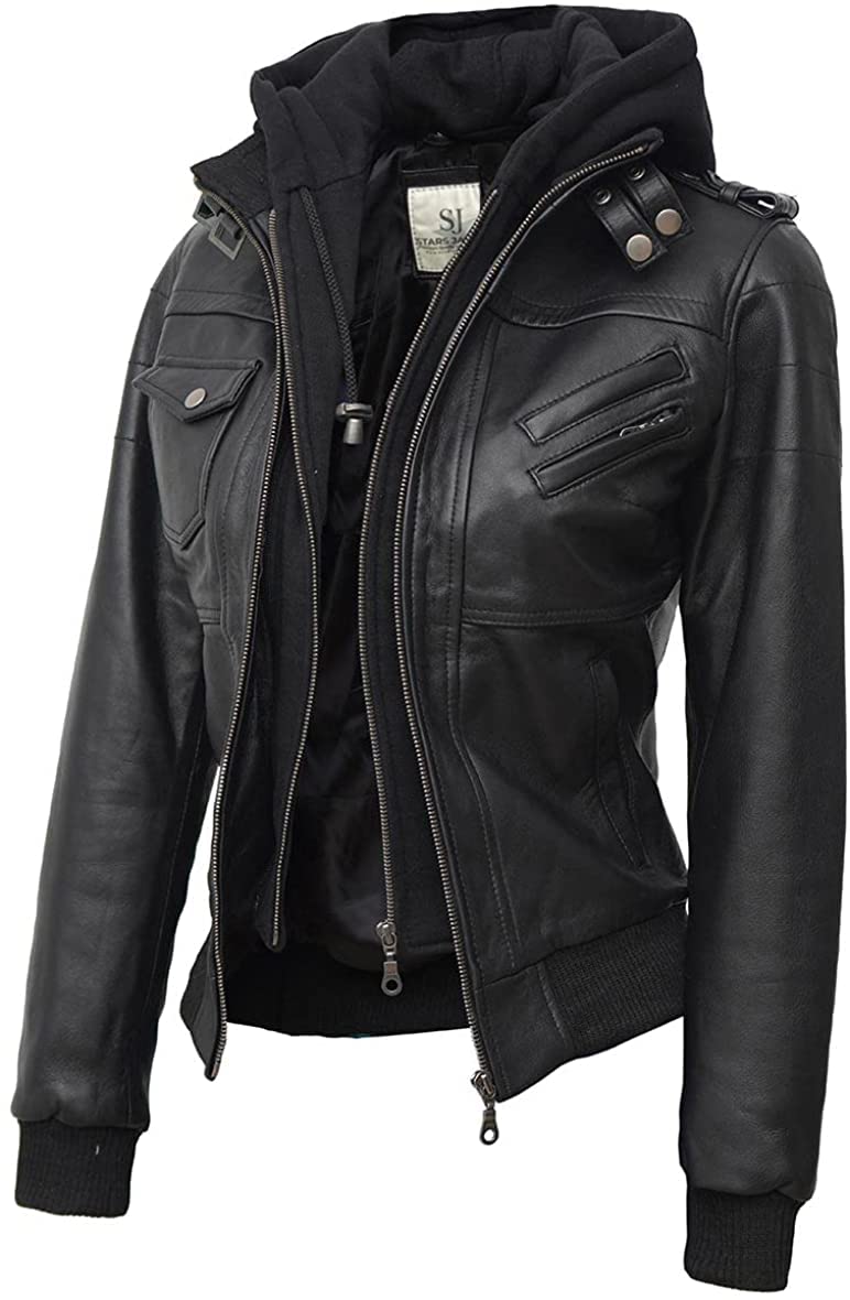 Women's Black Leather Bomber Jacket with Removable Hood - Stylish & Versatile Outerwear for Casual, Work & Night Out (Large)