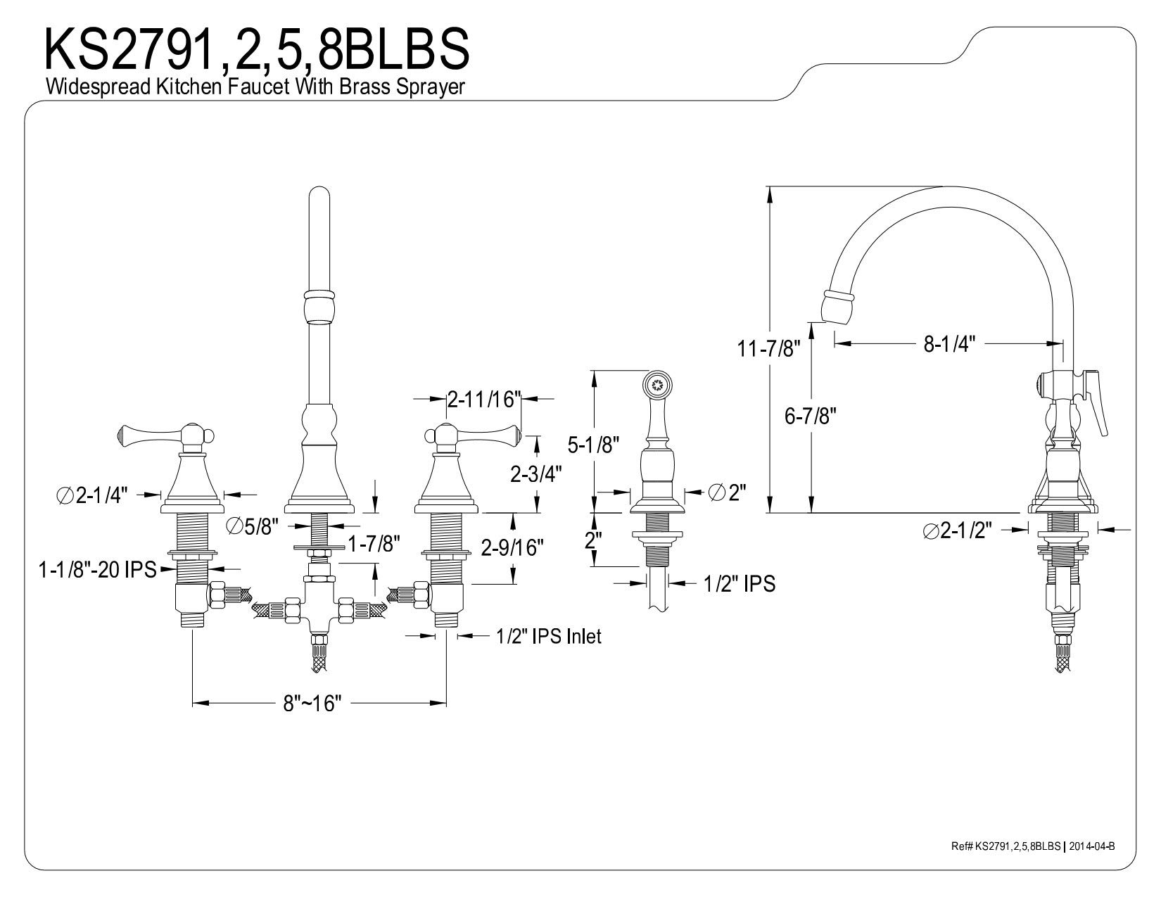 Elements of Design ES2795BLBS Governor 8-16 Inch Widespread Kitchen Faucet with Brass Sprayer - Oil Rubbed Bronze Finish - Perfect for Modern Farmhouse & Industrial Style Kitchens