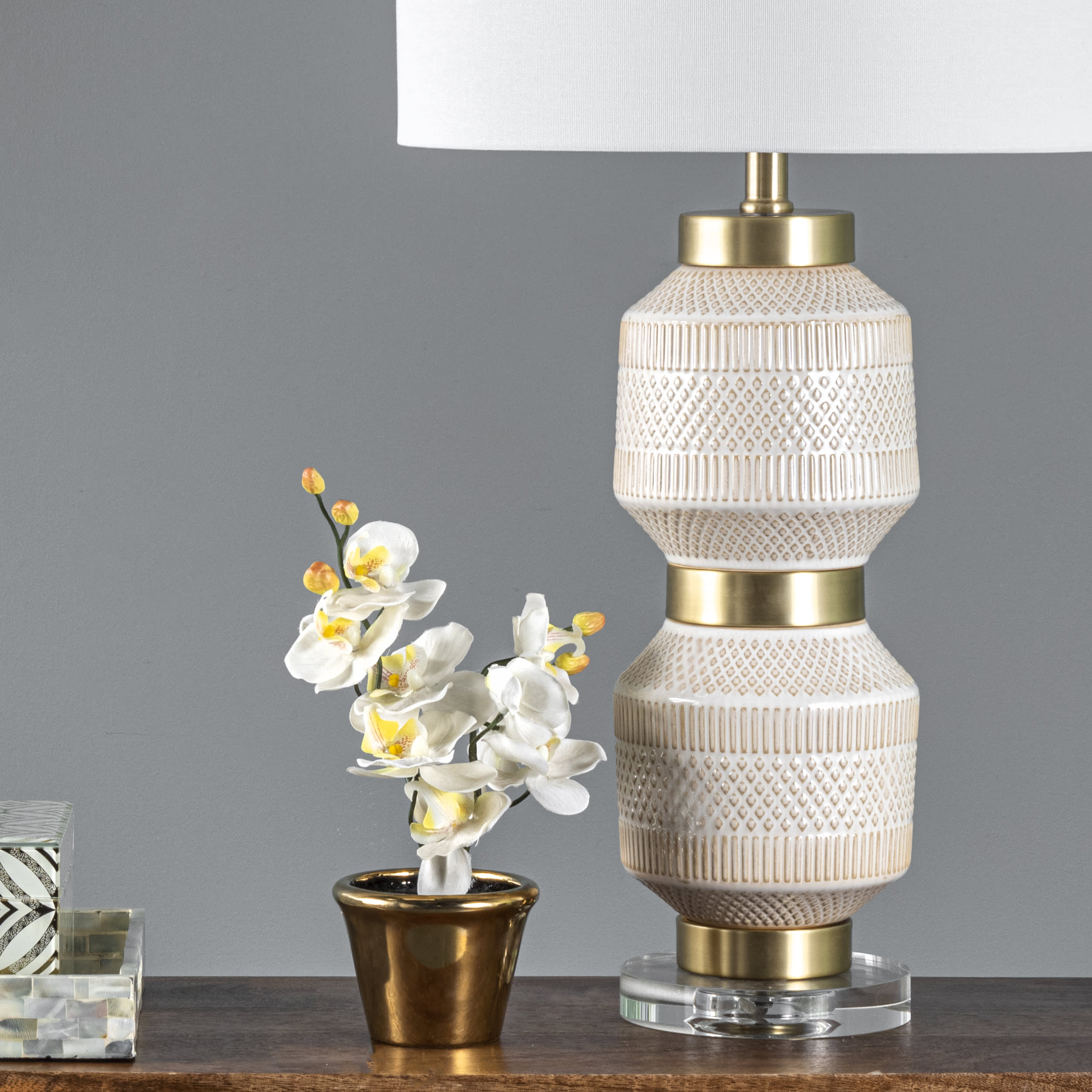 29 Inch Stacked Ceramic Oriental Table Lamp - Ivory White Traditional Asian Decor for Living Room, Bedroom & Office Lighting
