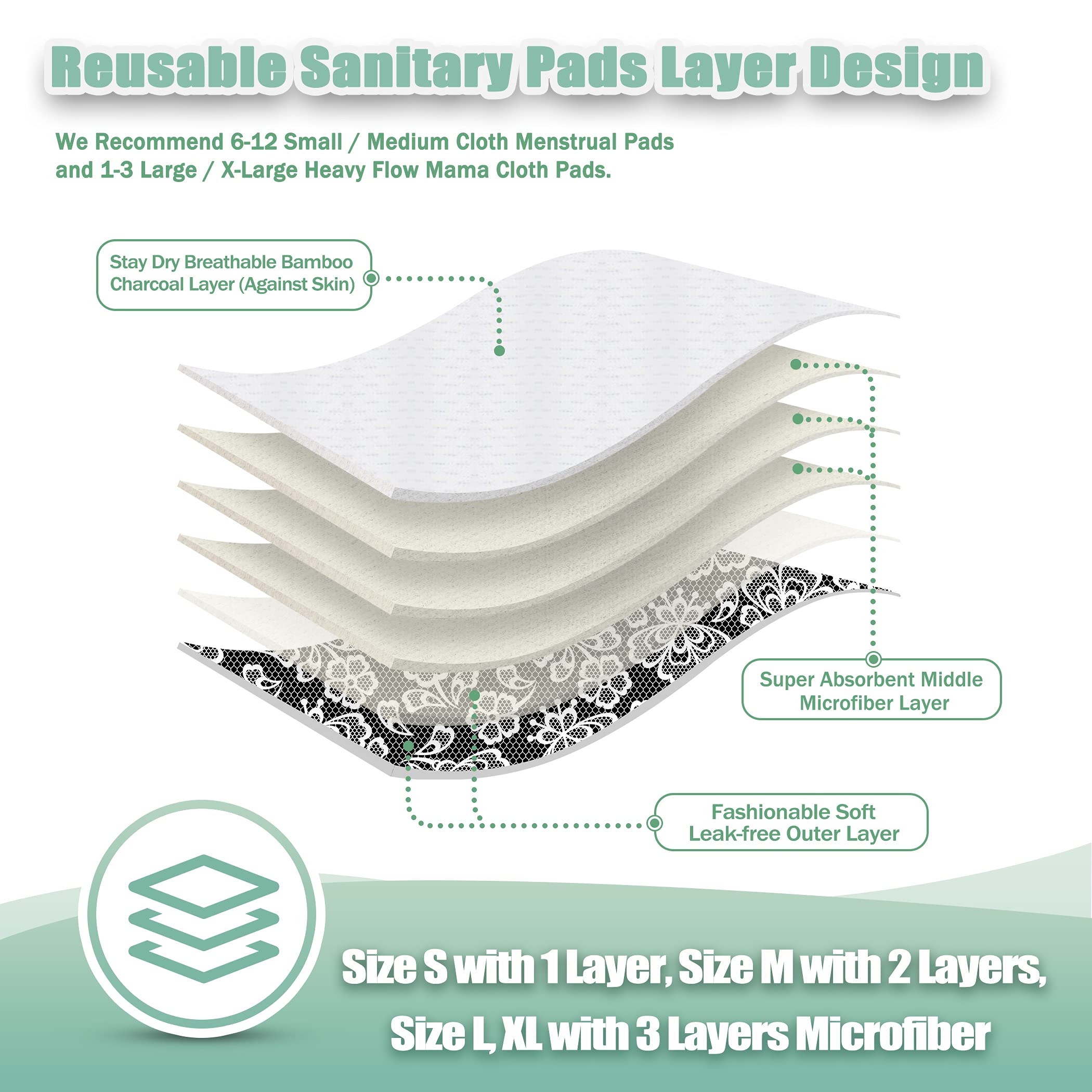 Wegreeco Reusable Menstrual Pads - 6 Pack Soft Cloth Sanitary Pads with 1 Wet Bag | Eco-Friendly Period Pads for Women | Black & Grey Lace Medium Flow | Comfortable for Daily Use, Travel & Active Lifestyle
