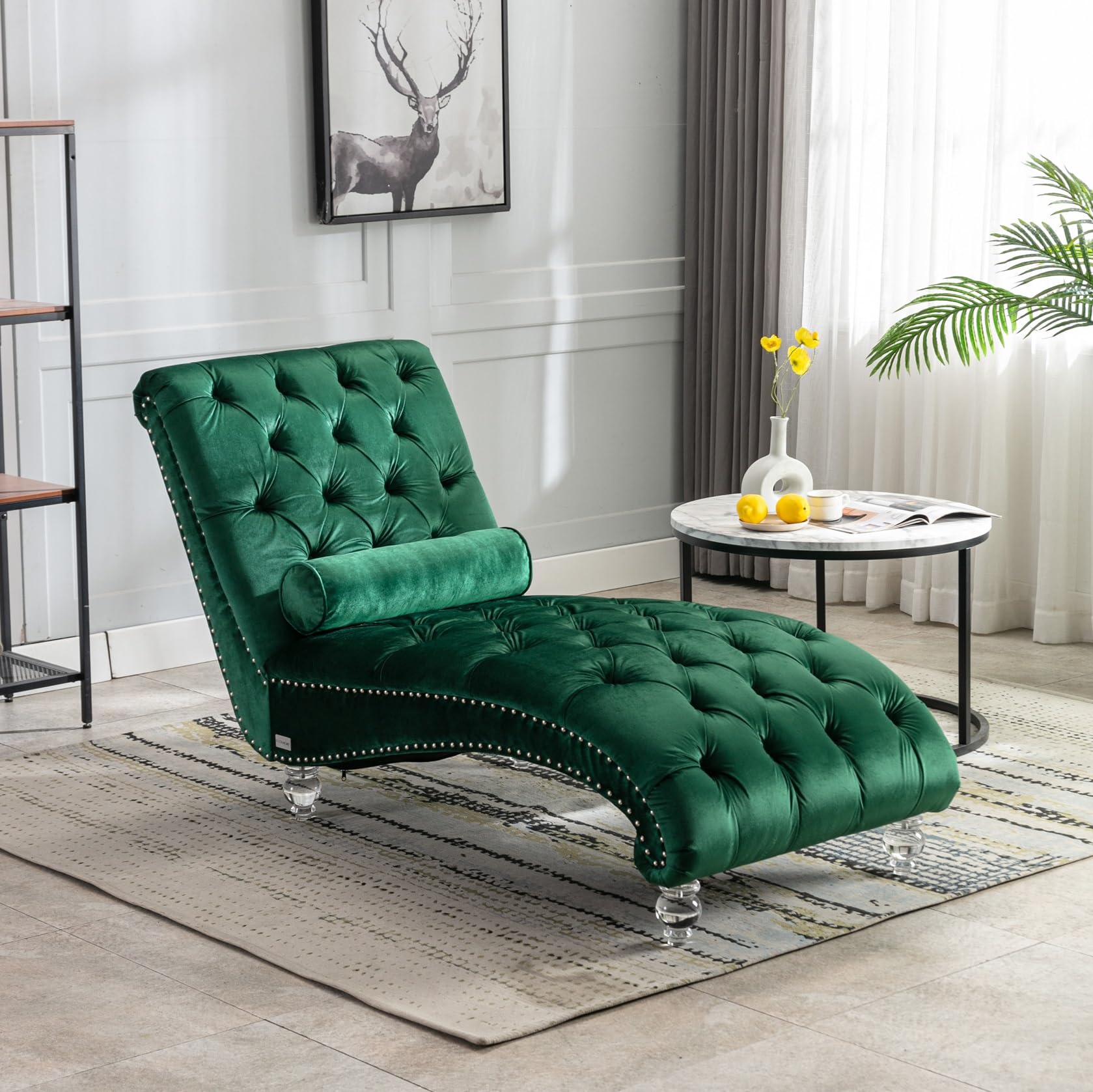 Tufted Velvet Chaise Lounge Chair - Upholstered Living Room & Bedroom Accent Chair with Waist Pillow & Acrylic Feet, Curved Cushion Fabric Sofa (Emerald Green) - Perfect for Reading Nooks, Home Theaters & Cozy Spaces