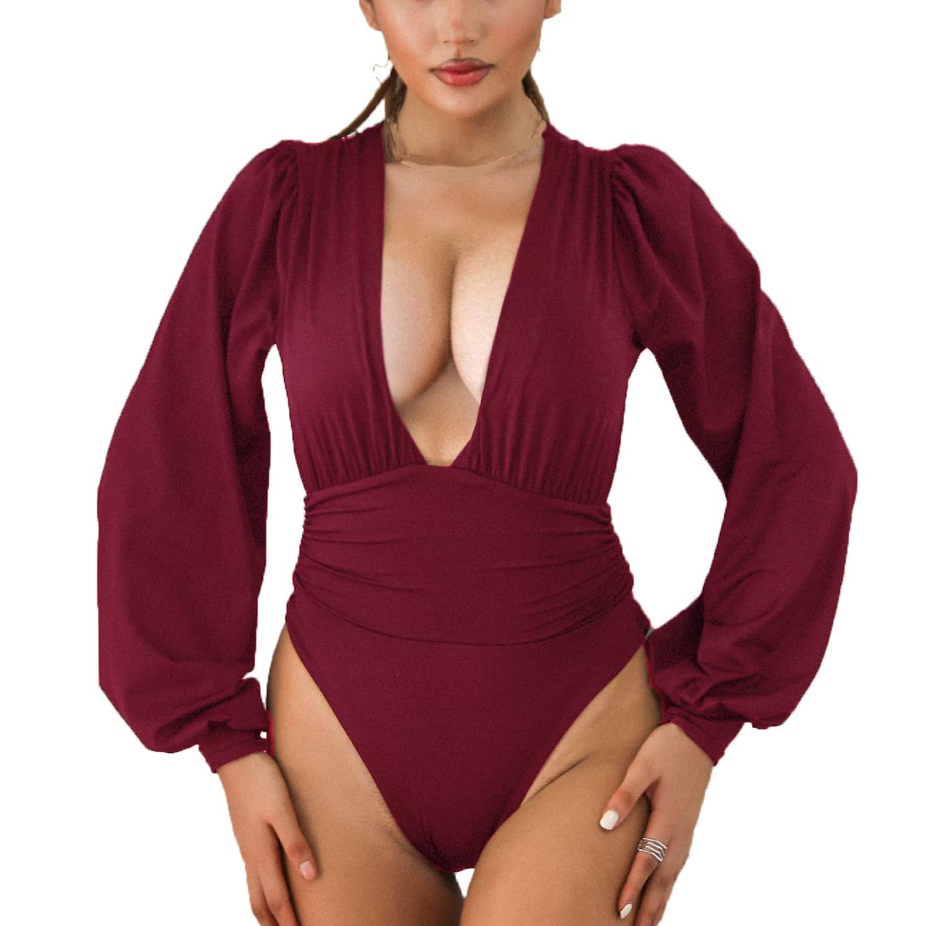 Stylish Women's Deep V Neck Puff Sleeve Bodycon Jumpsuit - Stretchy Sexy Bodysuit for Night Out, Party & Date Night | Syydn Fashion