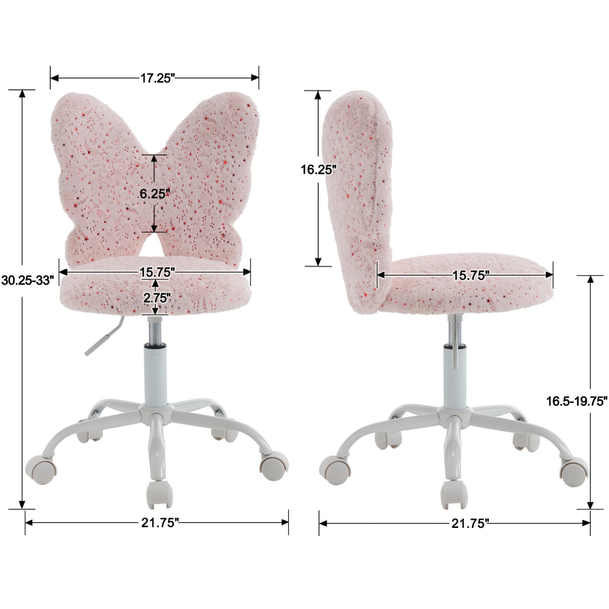 Kmax Adjustable Kids Desk Chair with Wheels - Soft Faux Fur Butterfly Swivel Chair for Children, Pink | Perfect for Bedroom, Study Room & Home Office Use