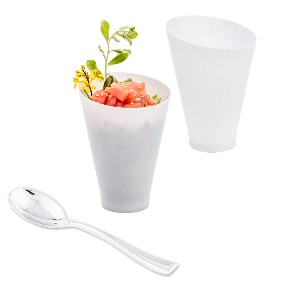 100-Pack 7 oz Round White Plastic Incline Glasses with 100 Silver Mini Plastic Spoons - Perfect for Party Cups, Cocktail Glasses, and Dessert Serving