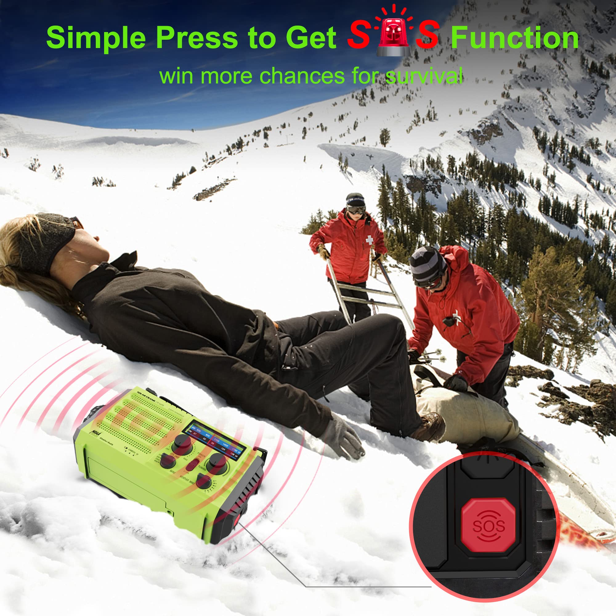 5-Way Powered Emergency Solar Hand Crank AM/FM/SW/NOAA Weather Radio with Flashlight & USB Charger - Green/Orange/Red for Outdoor Camping, Hiking & Disaster Preparedness