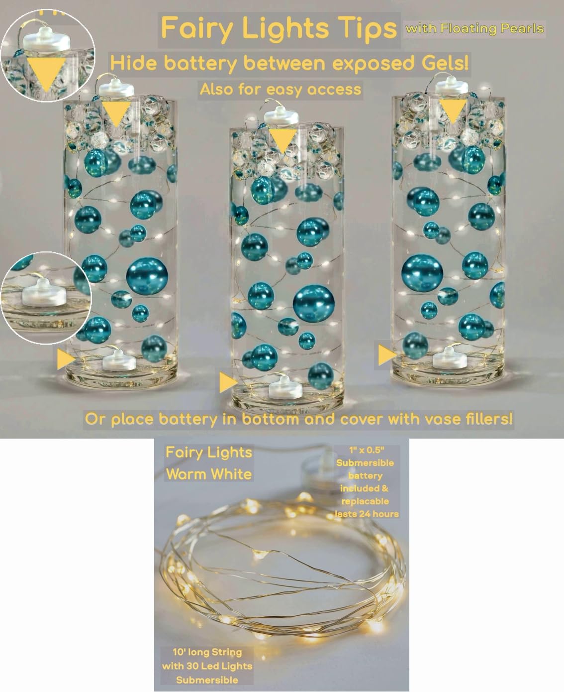 300 Floating White Pearls - Jumbo Size Pearls for Vases (Fills 4 Gallons) with Transparent Gel & Prep Bags + Warm White Submersible Fairy Lights - Perfect for Wedding Centerpieces, Home Decor, and Spa Relaxation