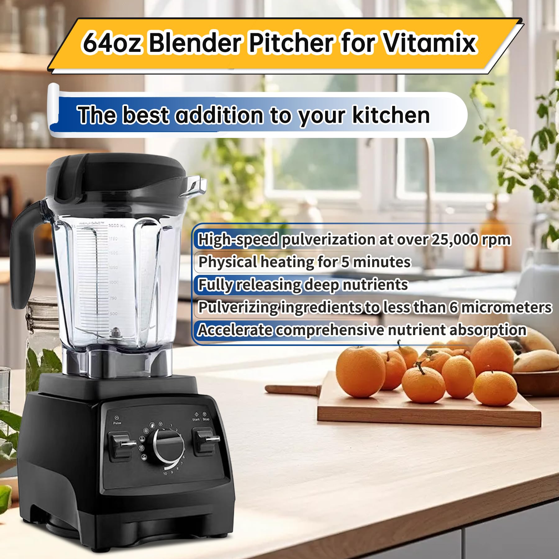 Vitamix 64oz Low-Profile Blender Pitcher Replacement - Compatible with Vitamix 750, 780, 5000, 5200, 6300, 7500, E320, Classic & Explorian Series (VM0101/VM0102/VM0103/VM0109) - 3-Year Warranty - Perfect for Smoothies, Soups & Nut Butters