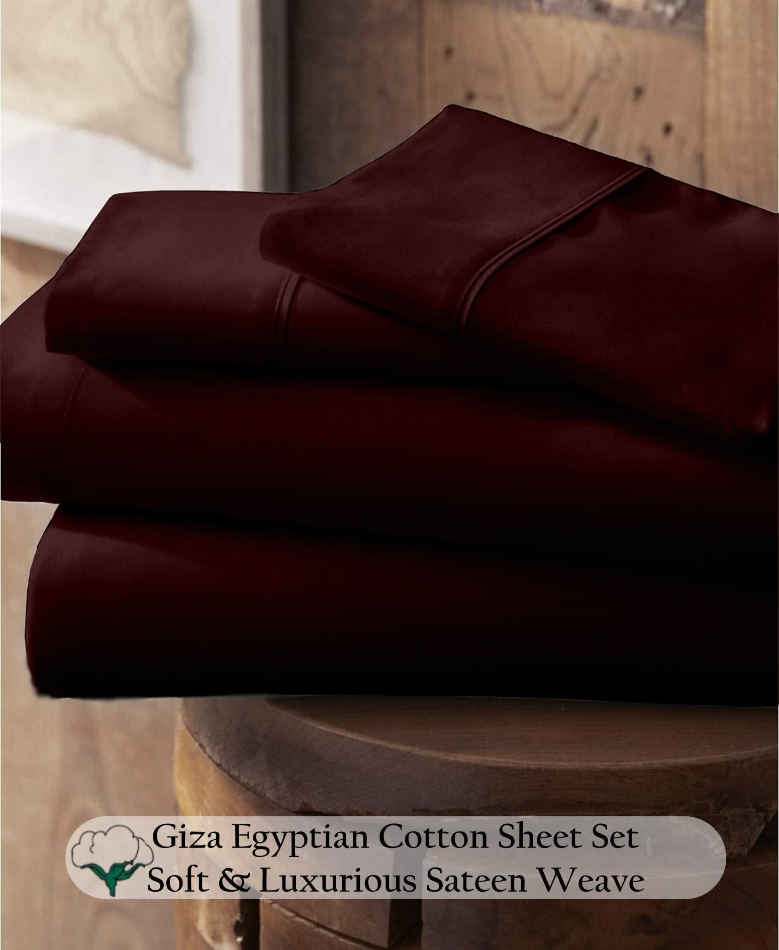 Premium 100% Certified Giza Cotton Pillowcase & Sheet Set - Queen XL Size, Soft Sateen Weave, Breathable Egyptian Cotton Bedding for 18-Inch Deep Pocket Mattress - Wine Red - Perfect for Luxurious Sleep & Hotel-Style Comfort
