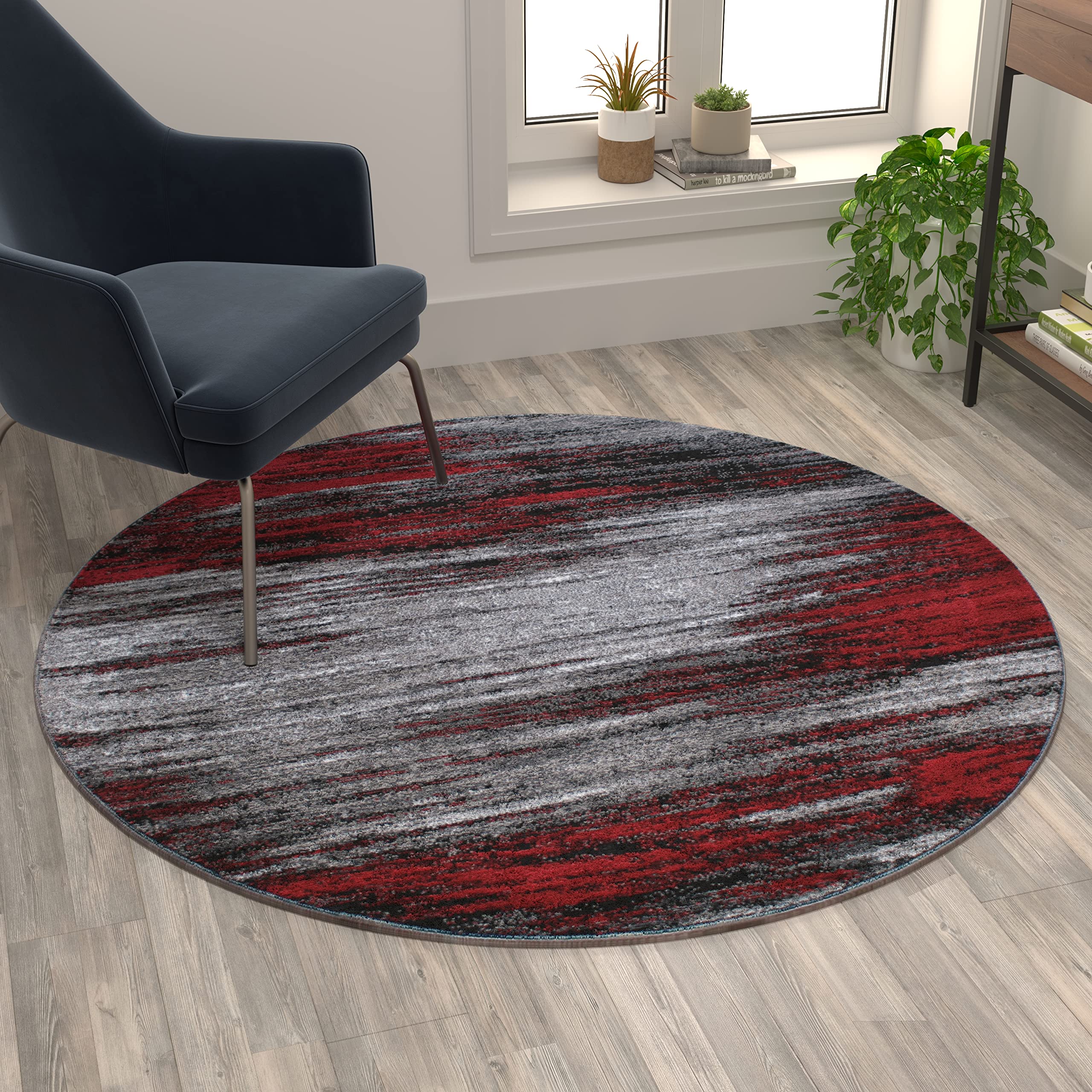 Flash Furniture Rylan Collection Abstract Area Rug - Scraped Design Red Olefin 5' x 5' Round Rug with Jute Backing - Non-Slip Living Room, Bedroom, Family Room Carpet - Perfect for Home Decor, Office & High Traffic Areas