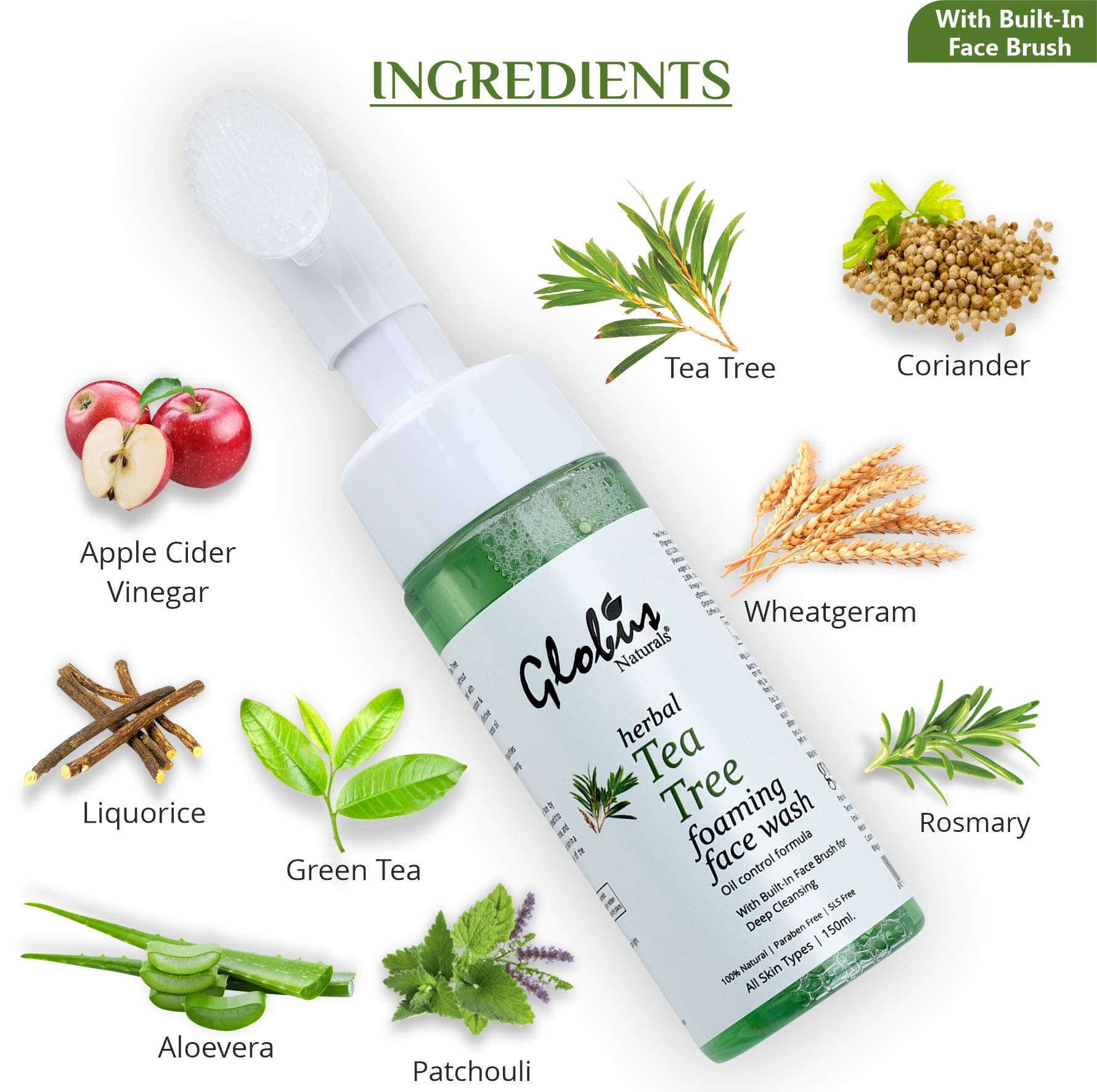 Globus Naturals Tea Tree Acne Control Foaming Face Wash with Silicone Face Massage Brush 150ml - Deep Cleansing for Oily & Acne-Prone Skin | Perfect for Daily Skincare Routine