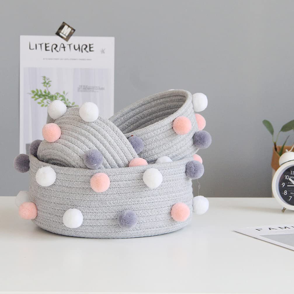 Hemoton 2-Pack Pom Pom Storage Baskets - Decorative Cotton Fabric Organizer Bin for Makeup, Baby Toys, Laundry & Nursery | Perfect for Bedroom, Bathroom & Playroom Organization