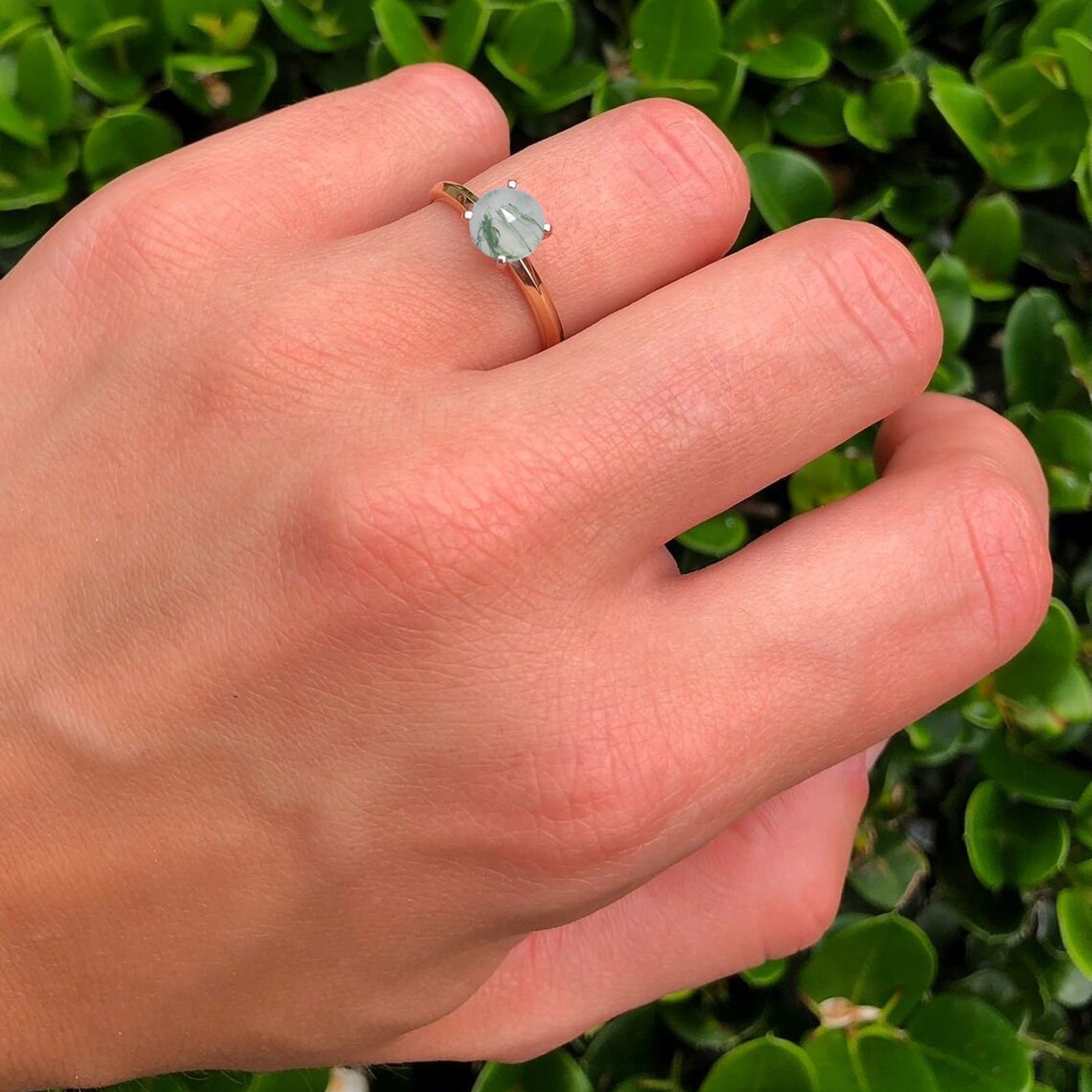 14K Yellow Gold Minimalist Round Solitaire Natural Green Moss Agate Ring for Women - Dainty Elegant Jewelry Gift for Birthday, Anniversary & Valentine's Day