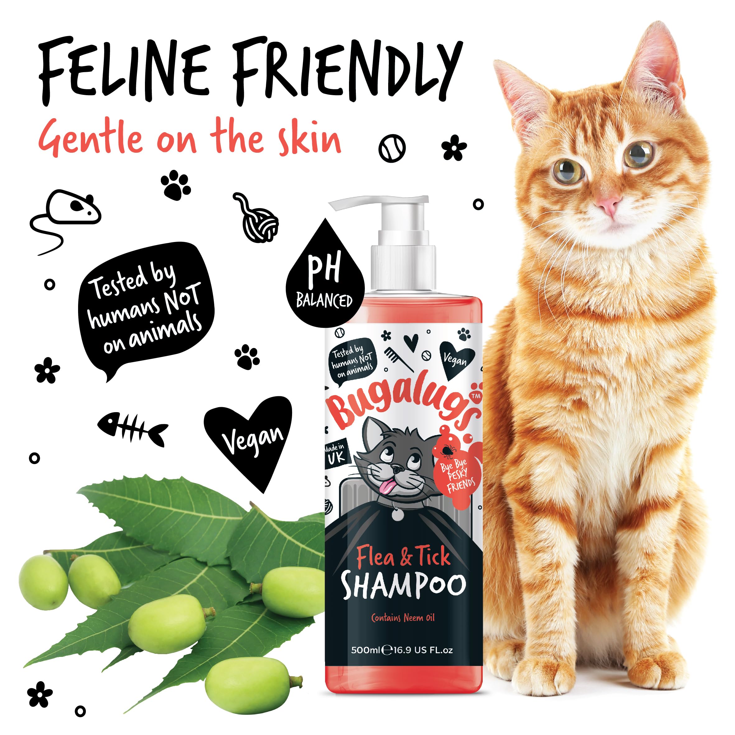 Bugalugs Flea & Tick Shampoo for Cats - 500ml Natural Neem Oil Formula | Deep Cleansing Cat Shampoo Kills Fleas, Ticks & Mites | pH Balanced Vegan Pet Care | Perfect for Bathing & Grooming Anxious Cats