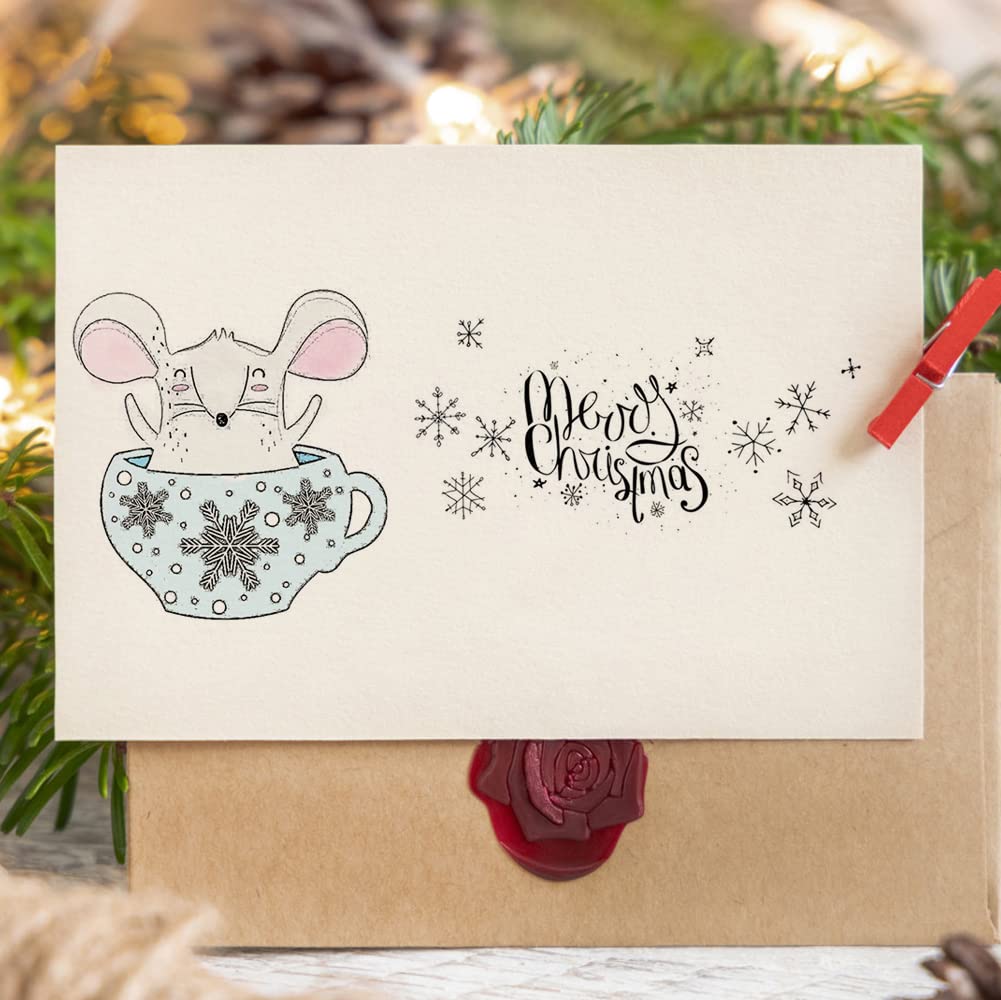 Christmas Snowflake Clear Rubber Stamps Set for Card Making - Cup, Cat, Mouse, Bear, Penguin & Star Designs with Sentiment Words - Perfect for Holiday Cards, DIY Photo Albums, Scrapbooking & Journaling - Great for Winter Crafts, Gift Wrapping & Seasonal Decorations