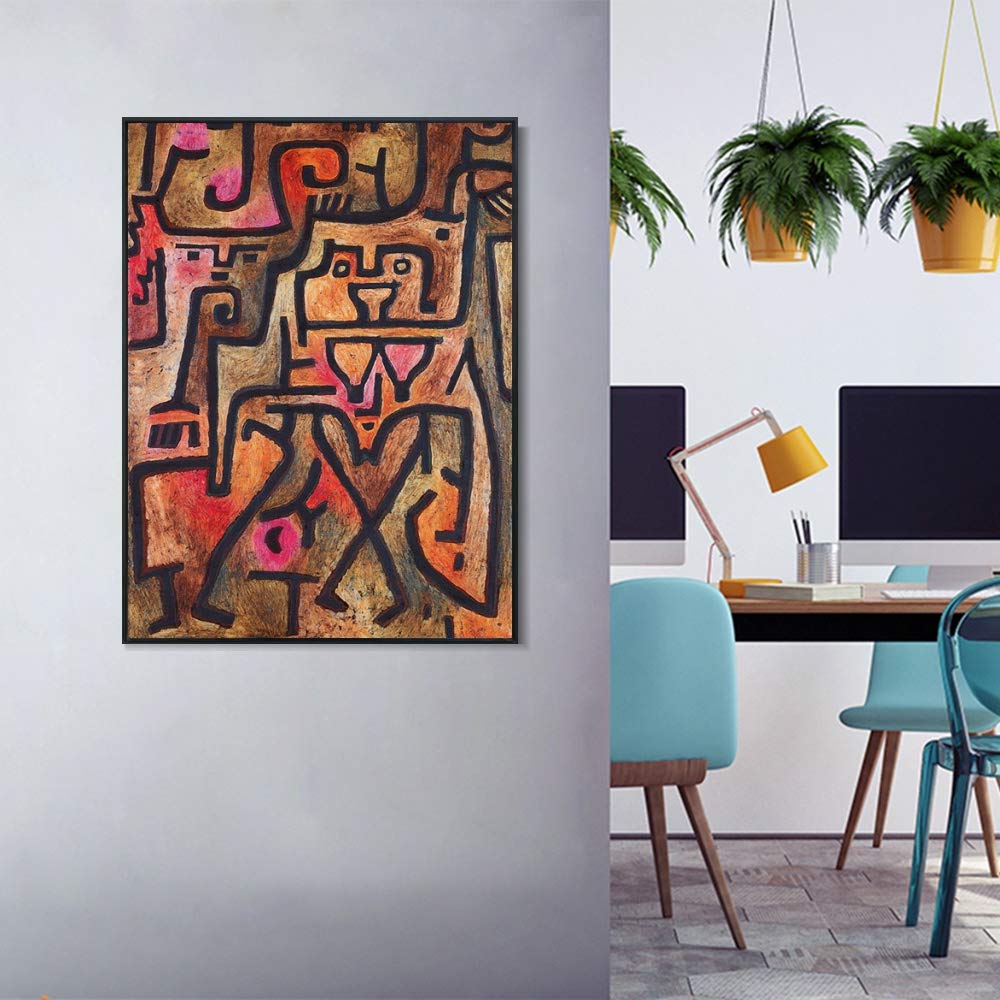 Paul Klee Forest Witches Framed Canvas Giclee Print - 28x40 Inch Black Slim Frame Wall Art for Living Room, Home Office & Bedroom Decor - Premium Gallery Wrapped Canvas Painting for Modern Interior Design
