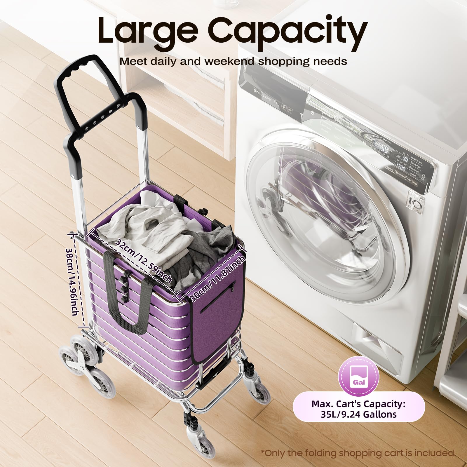 35L Foldable Rolling Cart with Wheels - Heavy Duty Grocery Shopping Cart, Stair Climbing Trolley for Supermarket, Warehouse & Home Delivery (Ideal for Groceries, Laundry, Garden Supplies & Office Transport)
