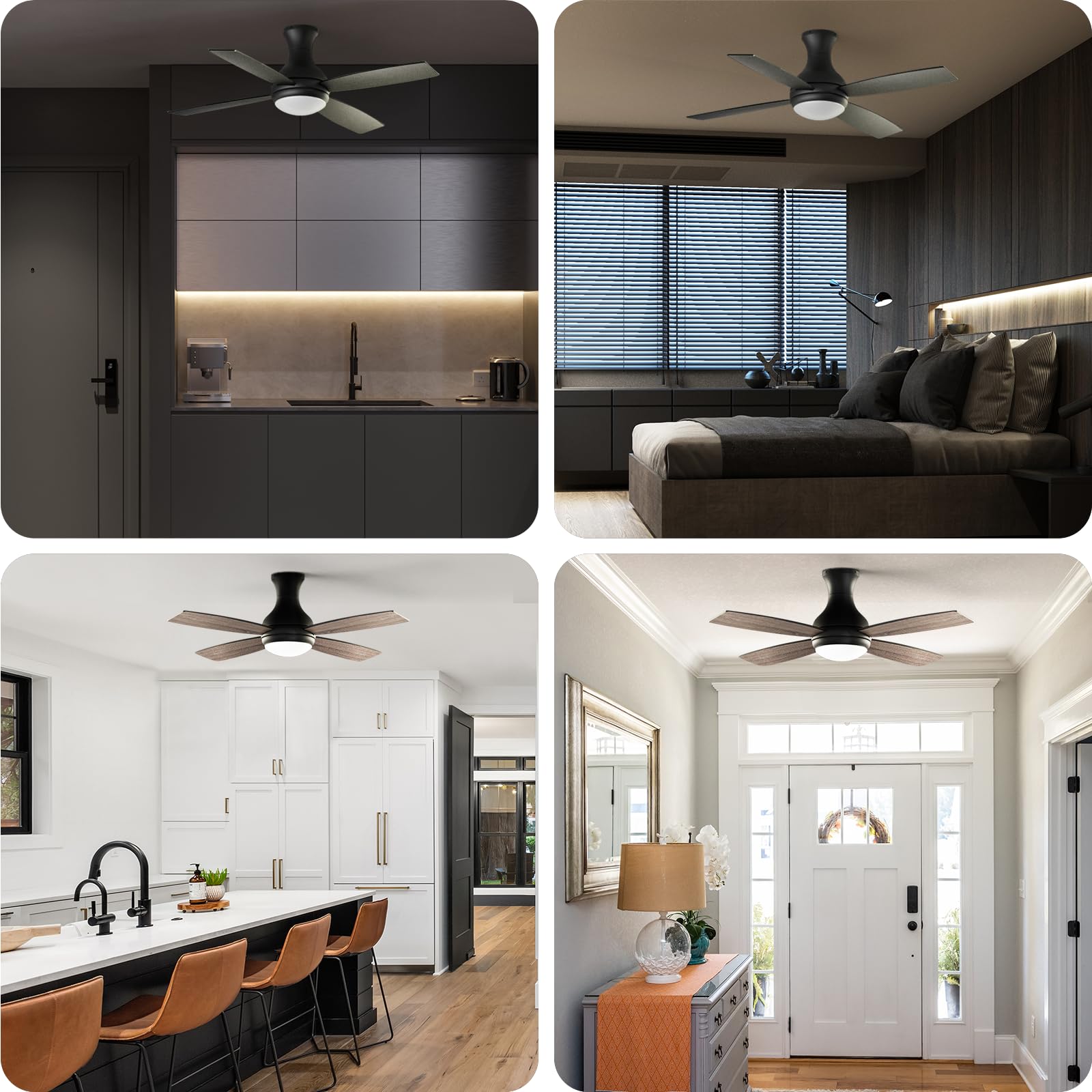 52 Inch Modern Black Ceiling Fan with Lights - Remote Control, Quiet Reversible DC Motor, Flush Mount, Dimmable 3CCT LED Light, Double Finish Blades - Perfect for Bedroom, Living Room, Office & Indoor Spaces
