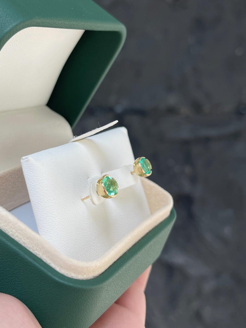 2.0tcw 14K Gold Semi Bezel Colombian Emerald Round Stud Earrings for Women – Elegant Jewelry Gift for Birthday, Anniversary & Special Occasions