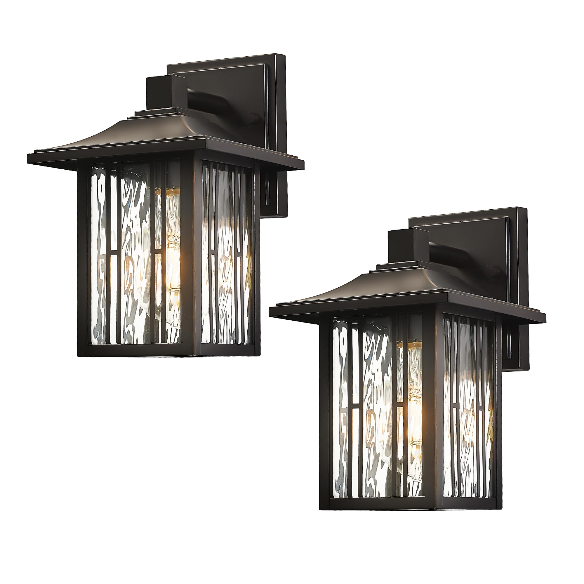 Outdoor Wall Lights 2-Pack - Waterproof Exterior Porch Lights with Water Ripple Glass, Oil Rubbed Bronze Wall Sconce for House, Garage, Patio - Perfect for Front Door Lighting and Outdoor Ambiance