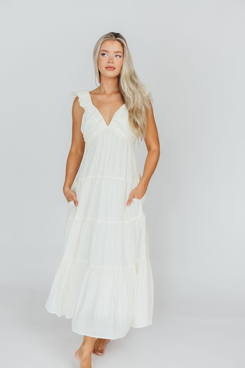 Elegant Katy Pleated Bodice Midi Dress in Cream - Bump Friendly Maternity Dress for Wedding, Baby Shower & Special Occasions