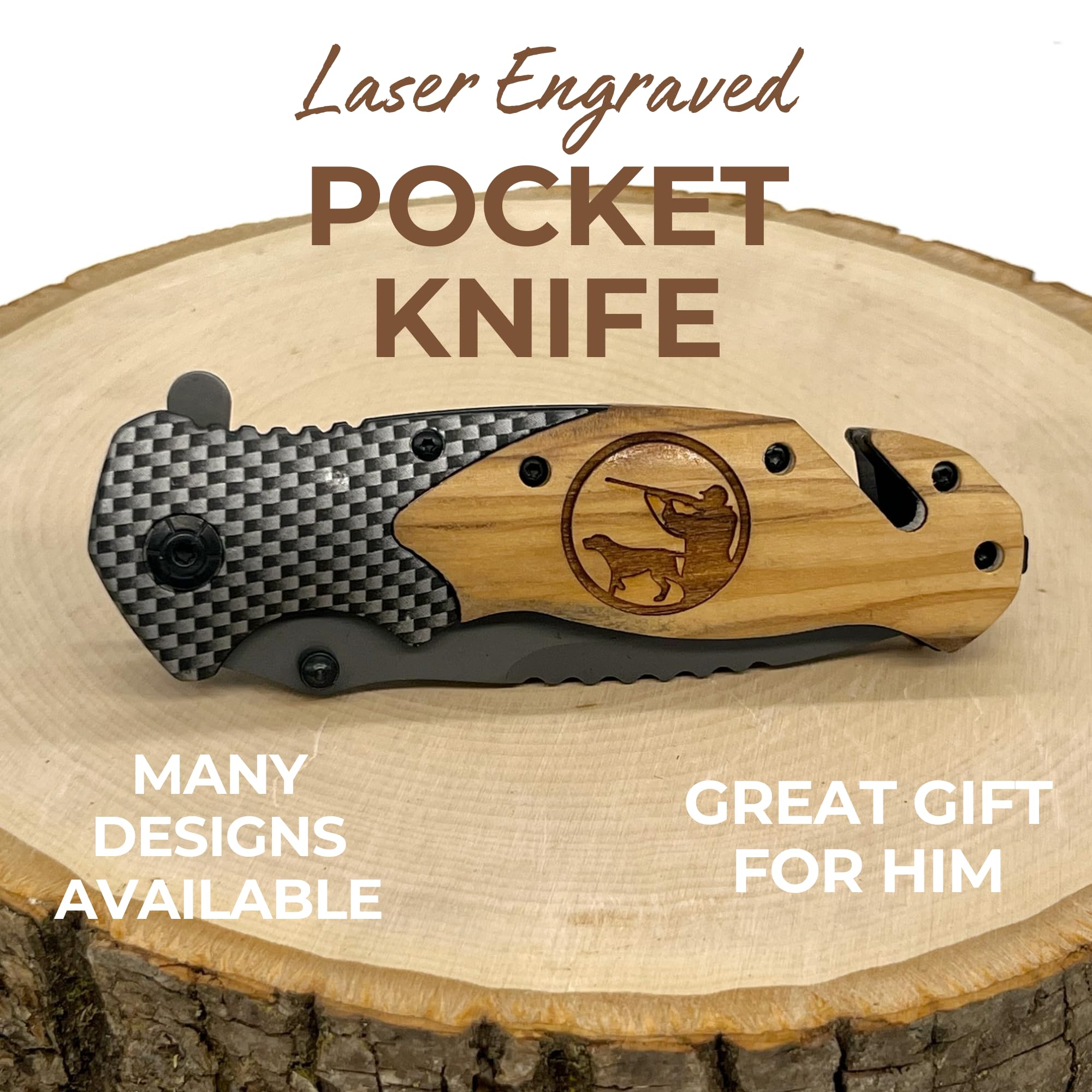 Custom Engraved Olive Wood Hunting Knife - Personalized Dog Hunter Design - Perfect for Outdoor Adventures, Camping & Gifts