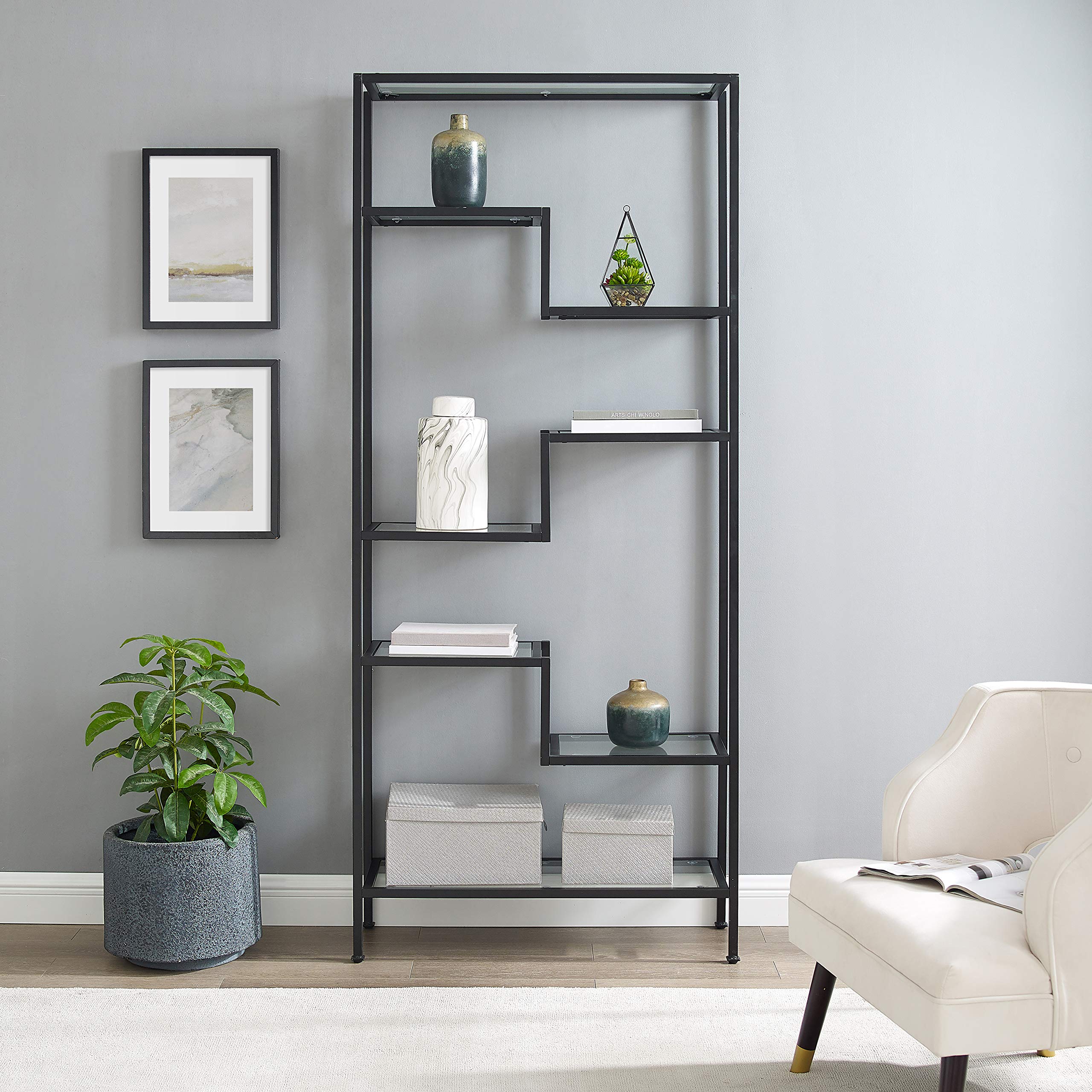 Crosley Furniture Sloane Bookshelf with Glass Shelves - Modern Bookcase Storage Unit in Matte Black for Living Room, Office & Home Decor