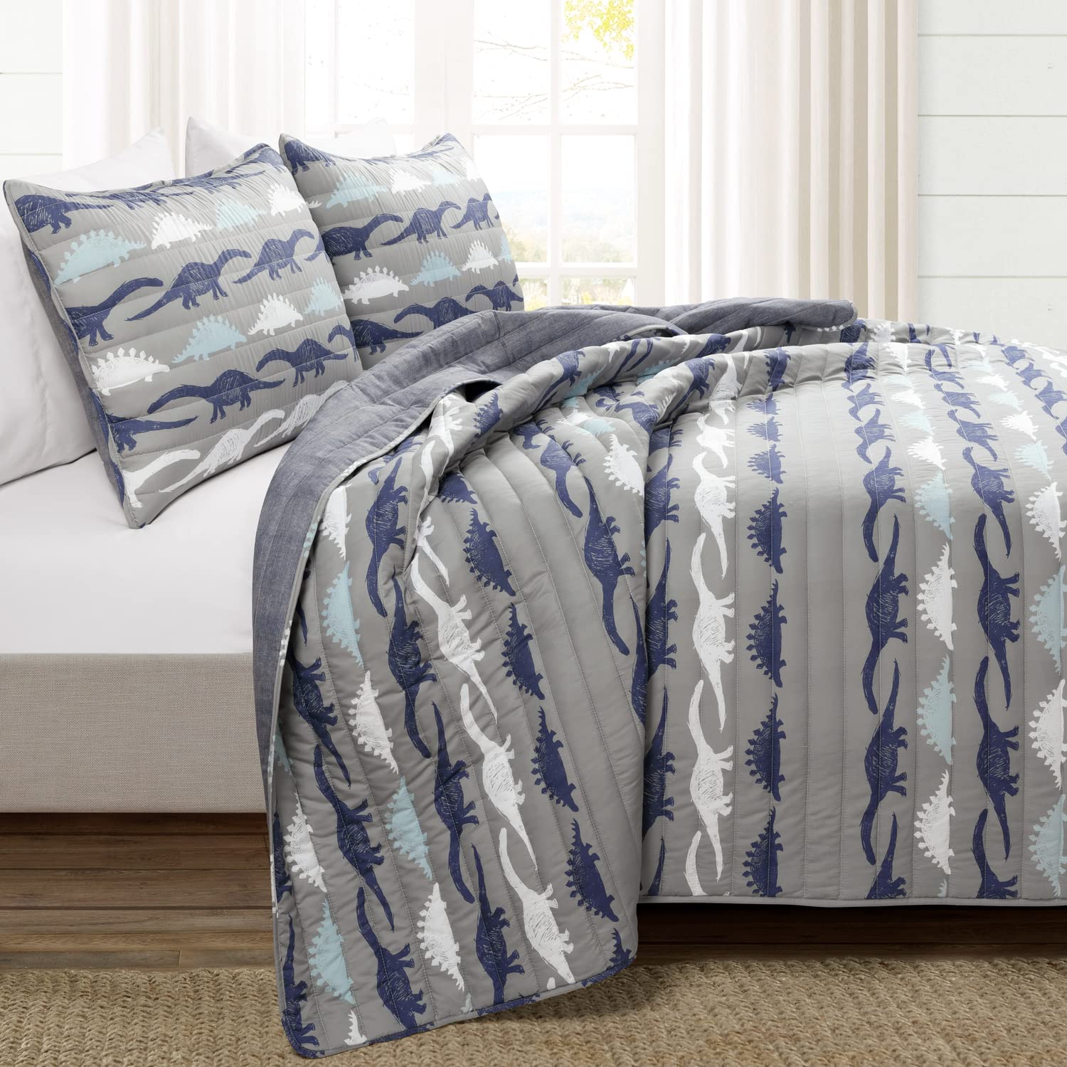 Lush Decor Stone Age Dinosaur Quilt Set - 3 Piece Reversible Kids Bedding (Full/Queen Size) in Navy, Gray & Toddler Blue - Perfect for Boys' Bedrooms, Nursery Decor & Dinosaur Theme Rooms