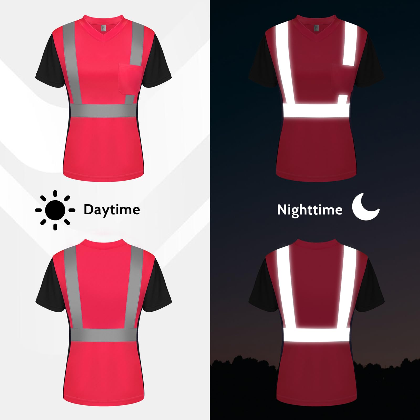 Class 3 Pink High Visibility Safety Shirts for Women - Short Sleeve Breathable Construction Work Shirts with Black Bottom (UWPJ-Pink) | Perfect for Road Work, Night Shifts & Emergency Response Teams