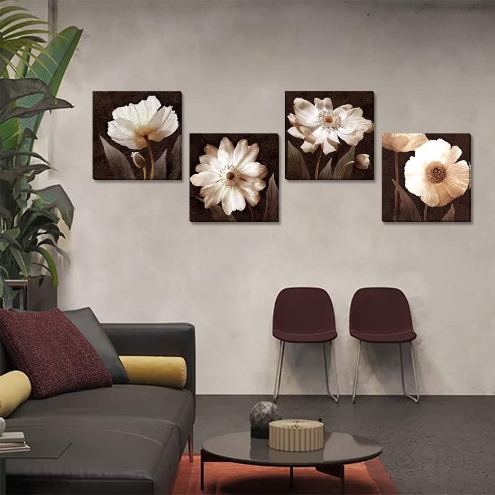 Brown Floral Abstract Canvas Wall Art Set - HDQ Framed Giclee Prints for Living Room & Bedroom Decor (20x20 Inch, 4 Panels) | Perfect for Home, Office & Gift Giving
