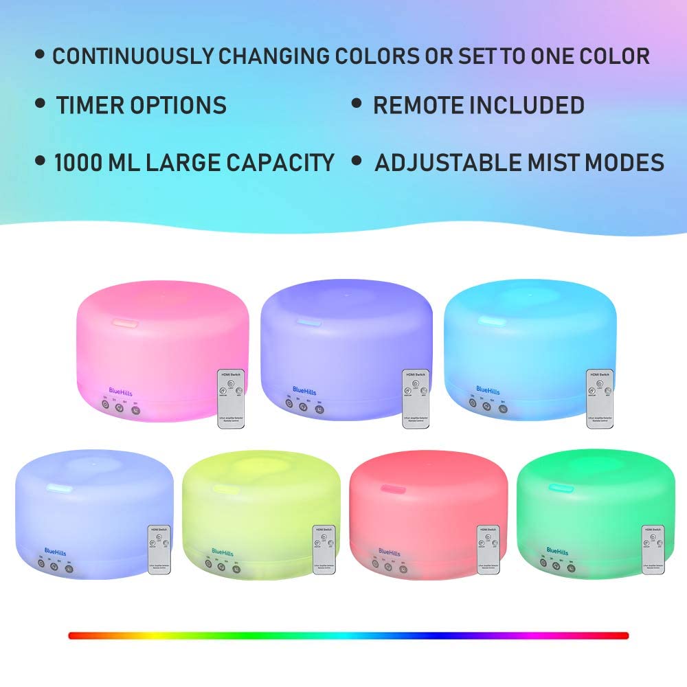 Premium 1000ml XL Aromatherapy Essential Oil Diffuser & Humidifier for Large Rooms - 18 Hour Runtime, 1L Capacity, Remote Control, 7 Color Mood Lights (White) - Perfect for Home Spa, Yoga Studio, Bedroom Relaxation and Office Aromatherapy