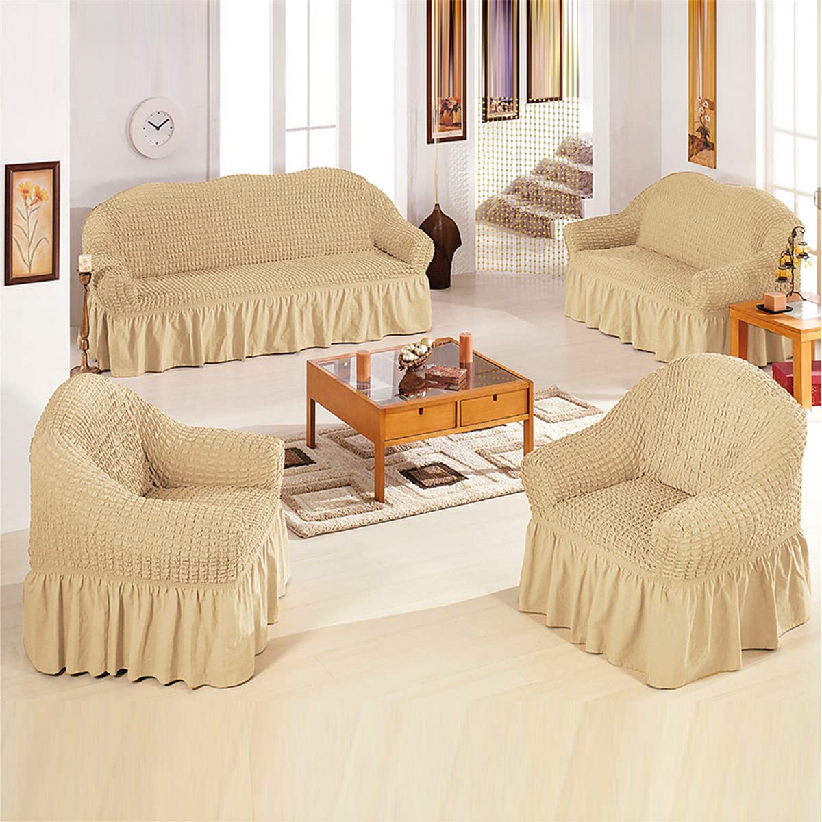 Stretch Sofa Slipcover - Washable Couch Cover for Sofa & Bed - Elastic Bottom & Skirt - Easy Fit Furniture Protector (Beige, XL) - Perfect for Living Room, Home Decor & Pet Protection