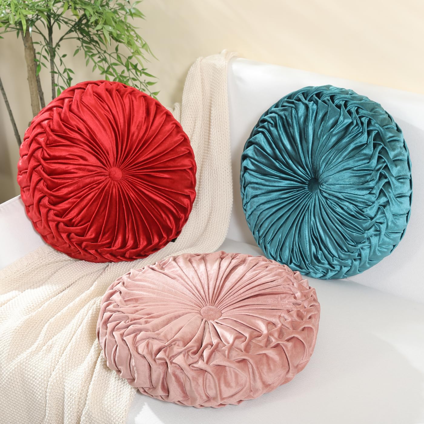 Velvet Round Throw Pillow - 15.7'' Burgundy Pleated Floor Cushion for Couch, Chair & Home Decor | Soft Seating Pillow for Living Room, Bedroom & Nursery