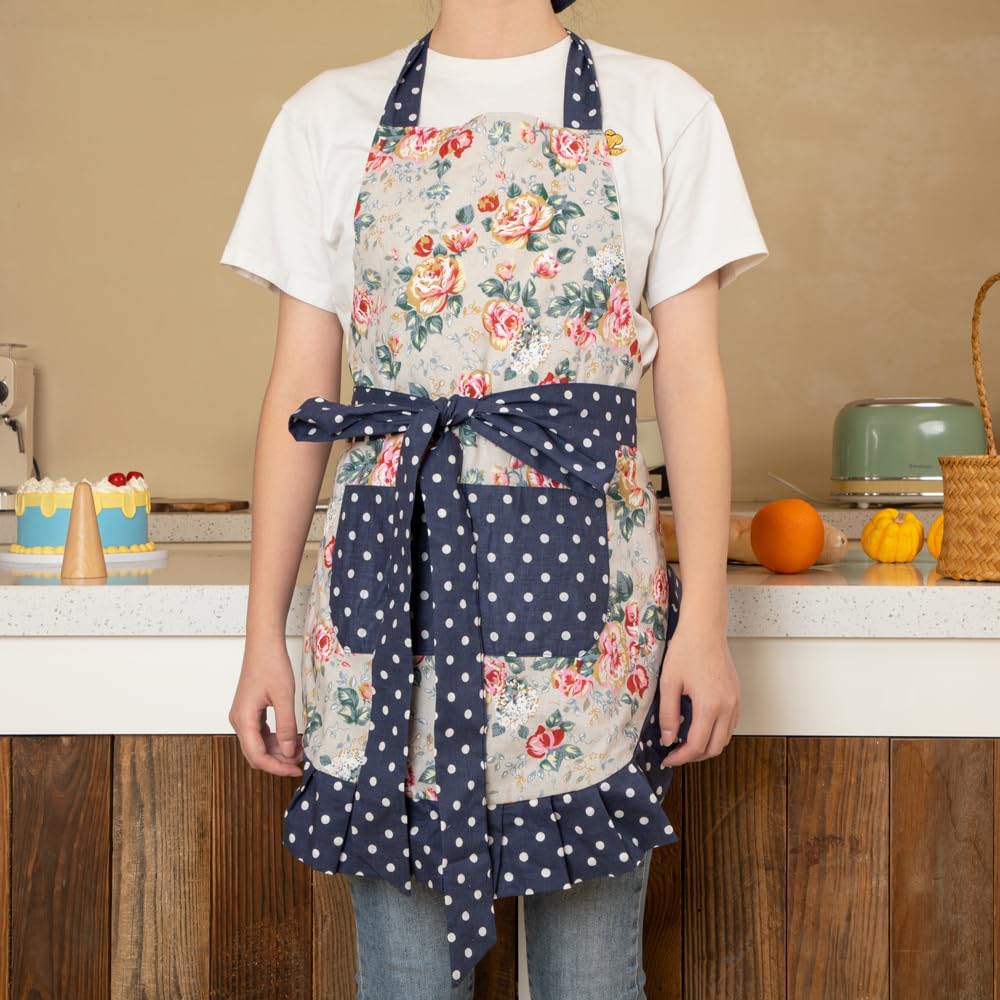 Floral Cotton Kitchen Aprons for Women with Pockets - Adjustable & Stylish Cooking Bib Apron for Baking, Grilling & Home Chef Use
