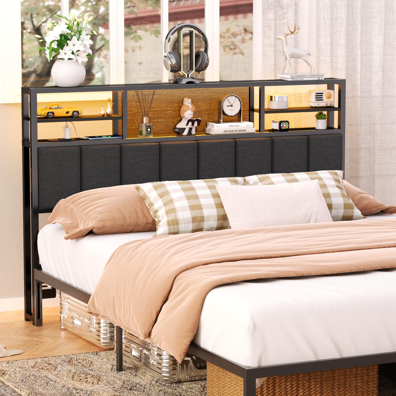 Furnulem Queen Size Bed Headboard with Storage Shelves, USB Ports & Outlets, LED Lighting - Adjustable Height, Sturdy Design with Charging Station - Perfect for Bedroom Organization & Modern Home Decor