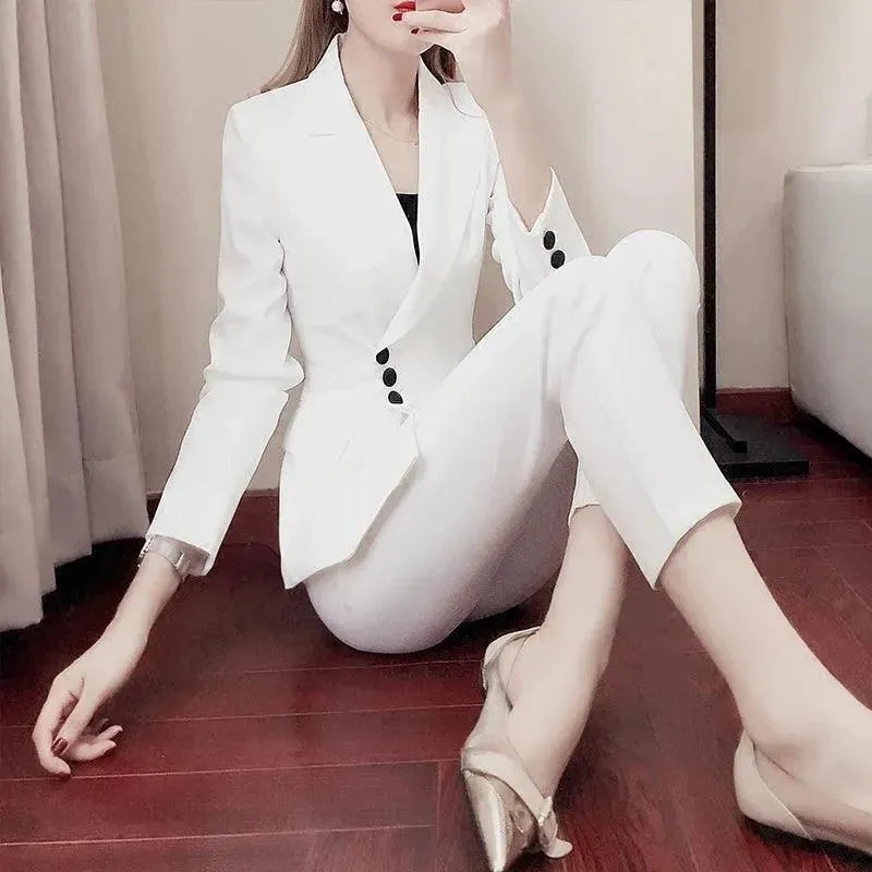 Women's Irregular Pant Suit with Side Buttons - Stylish Office Wear & Business Casual Outfit for Professional Women