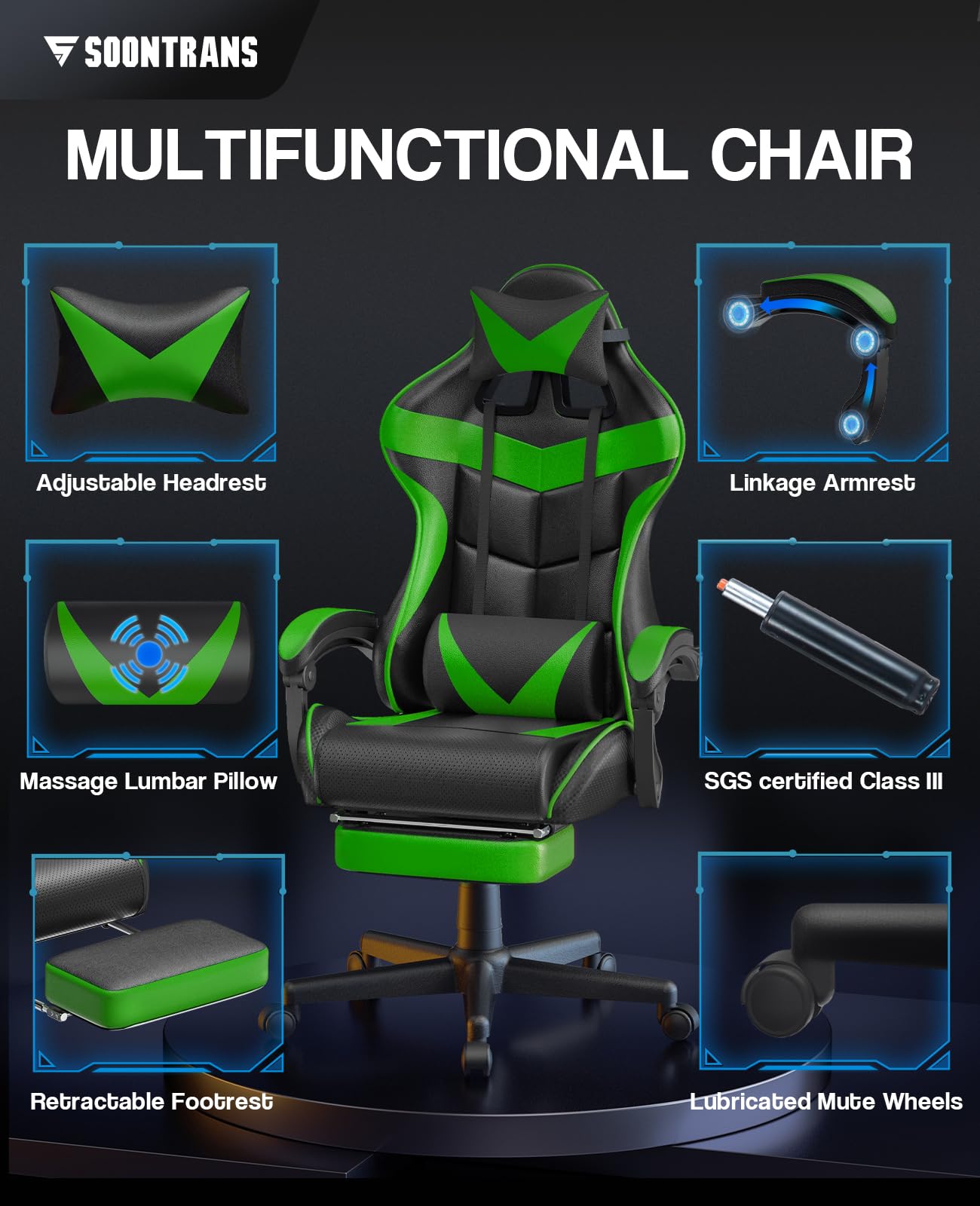 Soontrans Ergonomic Gaming Chair with Adjustable Headrest & Lumbar Support - Racing Style Computer Gamer Chair with Footrest (Jungle Green) - Perfect for Esports, Streaming & Home Office Setup