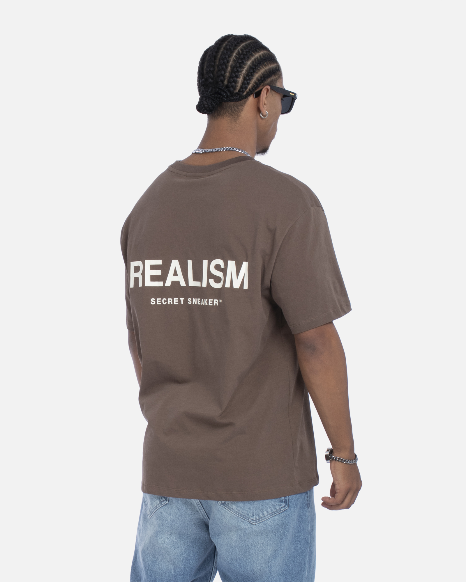 SSS Realism Back Logo Tee - Sepia Brown Vintage Graphic T-Shirt for Men & Women | Casual Streetwear, Urban Fashion, Everyday Wear
