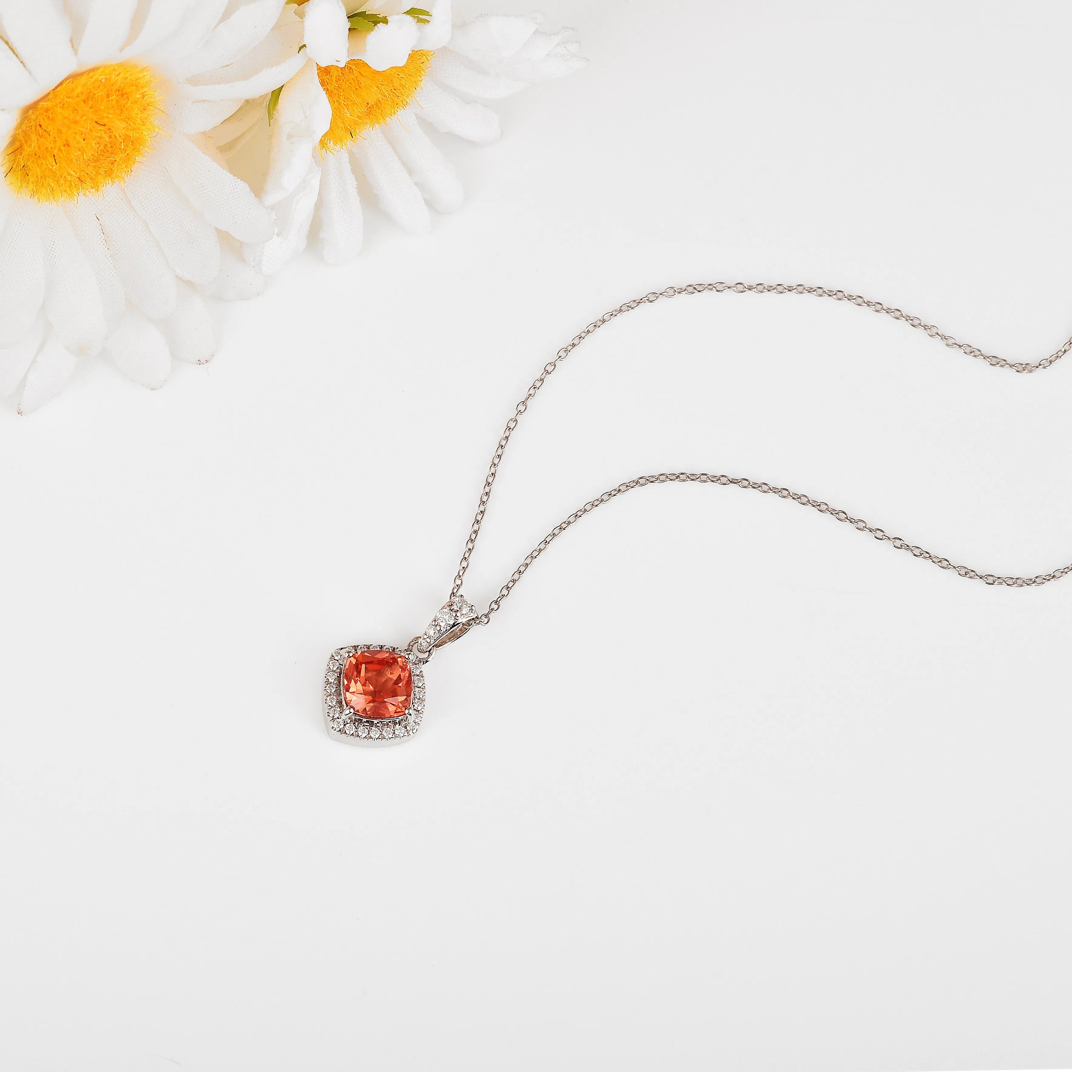 Exquisite Peach Sapphire Cushion Cut Pendant Necklace - Elegant Jewelry Gift for Women, Perfect for Weddings, Anniversaries & Special Occasions