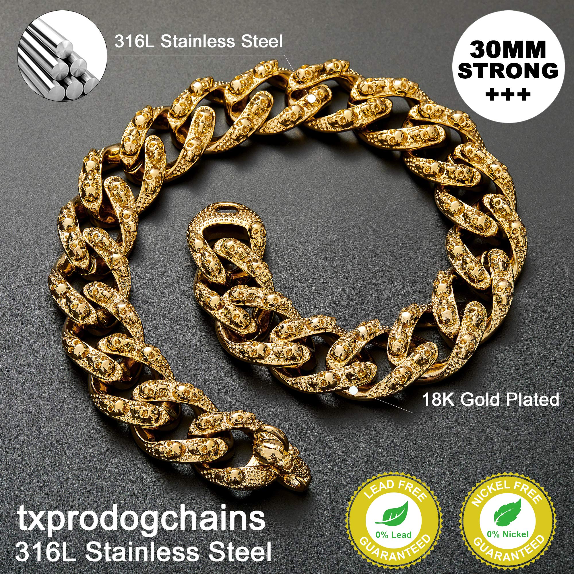 30MM Gold Stainless Steel Cuban Link Dog Collar with Skulls Pattern & Quick Release Buckle - Heavy Duty Big Dog Chain Collar for Medium & Large Breeds - Perfect for Training, Walking & Outdoor Adventures