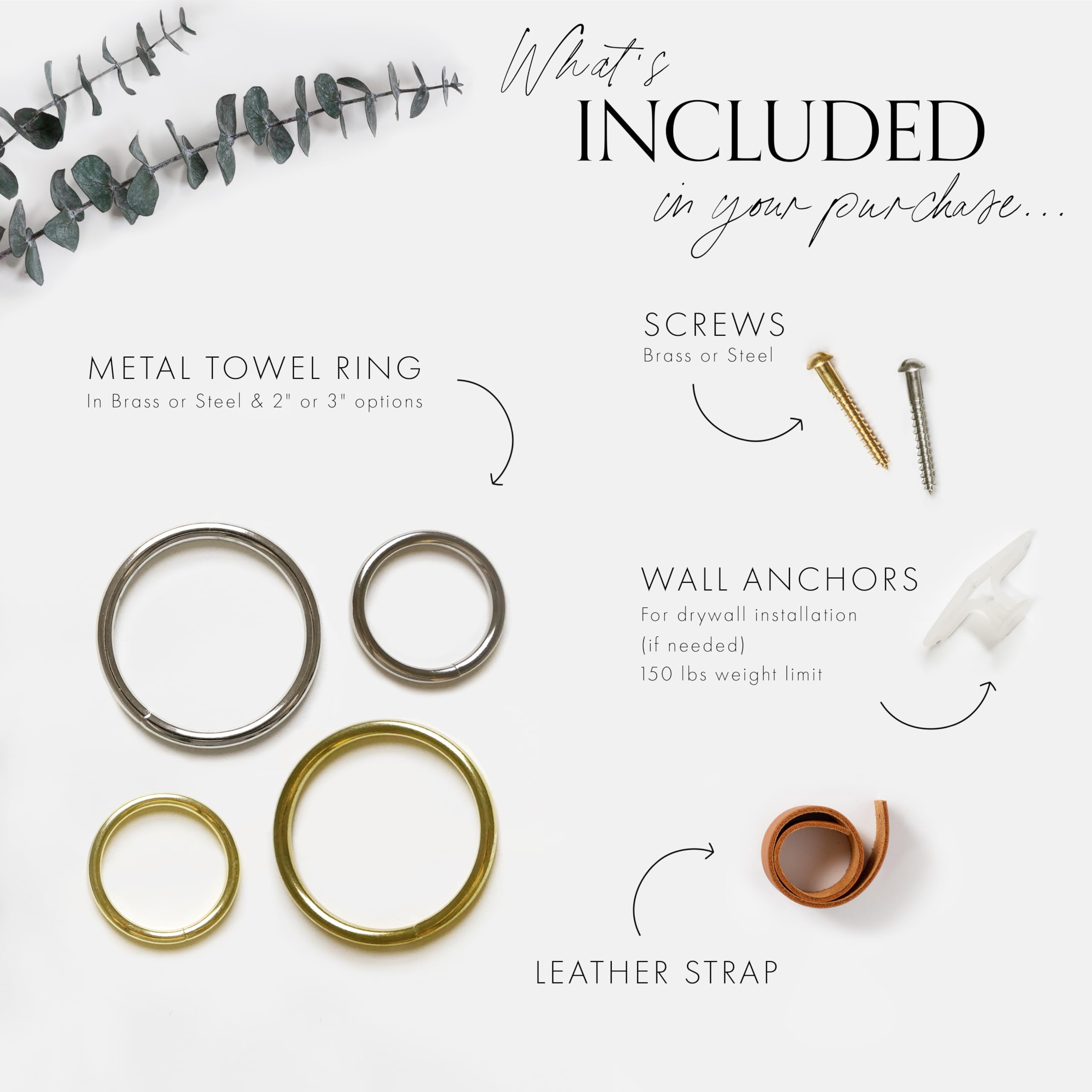 KEYAIIRA - Small Wide Leather Wall Hook, Minimalist Steel Towel Ring for Bathroom, Hand Towel Holder with Leather Loop Strap - Perfect for Wall Hanging, Kitchen, Entryway & Decorative Storage