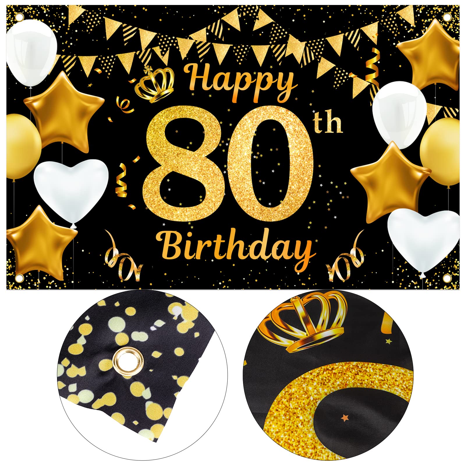 Qpout Extra Large 80th Birthday Backdrop Banner - 71 x 43.3 Inch Black & Gold Party Decoration for Men & Women | Cheers to 80 Years Celebration | Perfect for Milestone Birthday Parties, Anniversary Events & Photo Booths