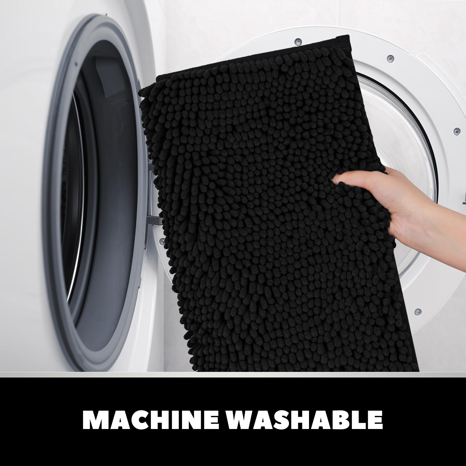 Luxury Chenille Bathroom Rug Set - 3 Piece Soft, Absorbent & Non-Slip Bath Mat with PVC Backing | Machine Washable Toilet Rug for Bathroom, Bedroom, Kitchen & Hallway | Perfect for Cozy Home Decor & Wet Floor Safety - Black