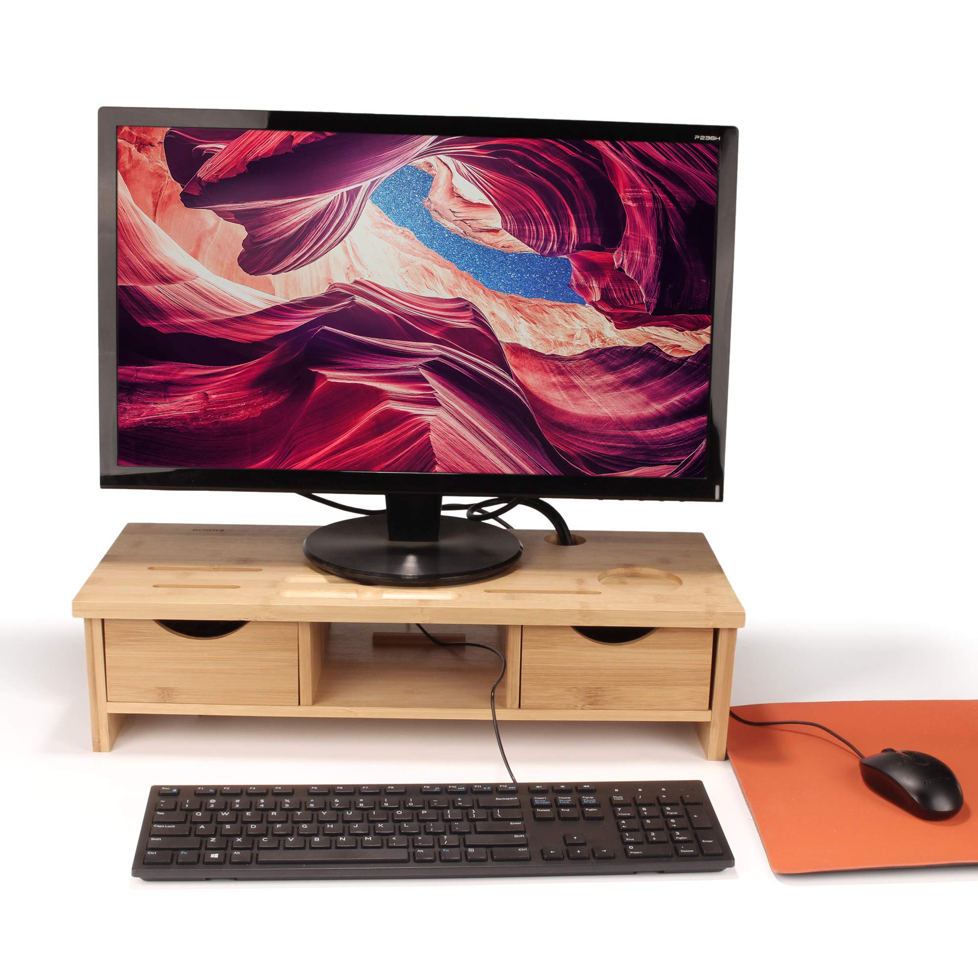 Premium Bamboo Desk Organizer & Laptop Stand Riser - Space Saving Office Storage Solution for Home & Workspace Organization