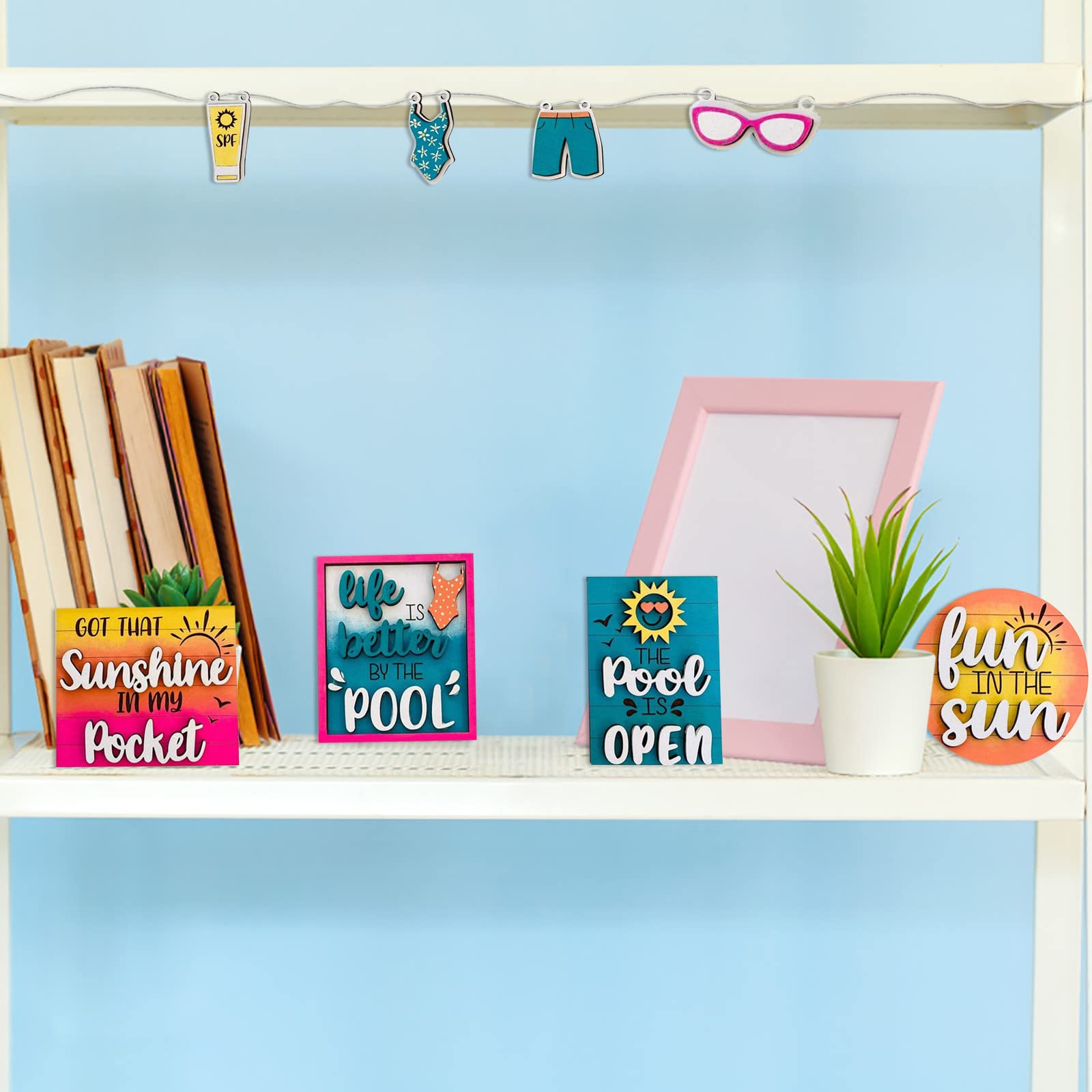 Summer Tiered Tray Decor Set - Beach Party Decorations with Wooden Sign for Farmhouse Style (Sunset Theme) | Perfect for Coastal Home Decor, Kitchen Counter Display & Outdoor Entertaining