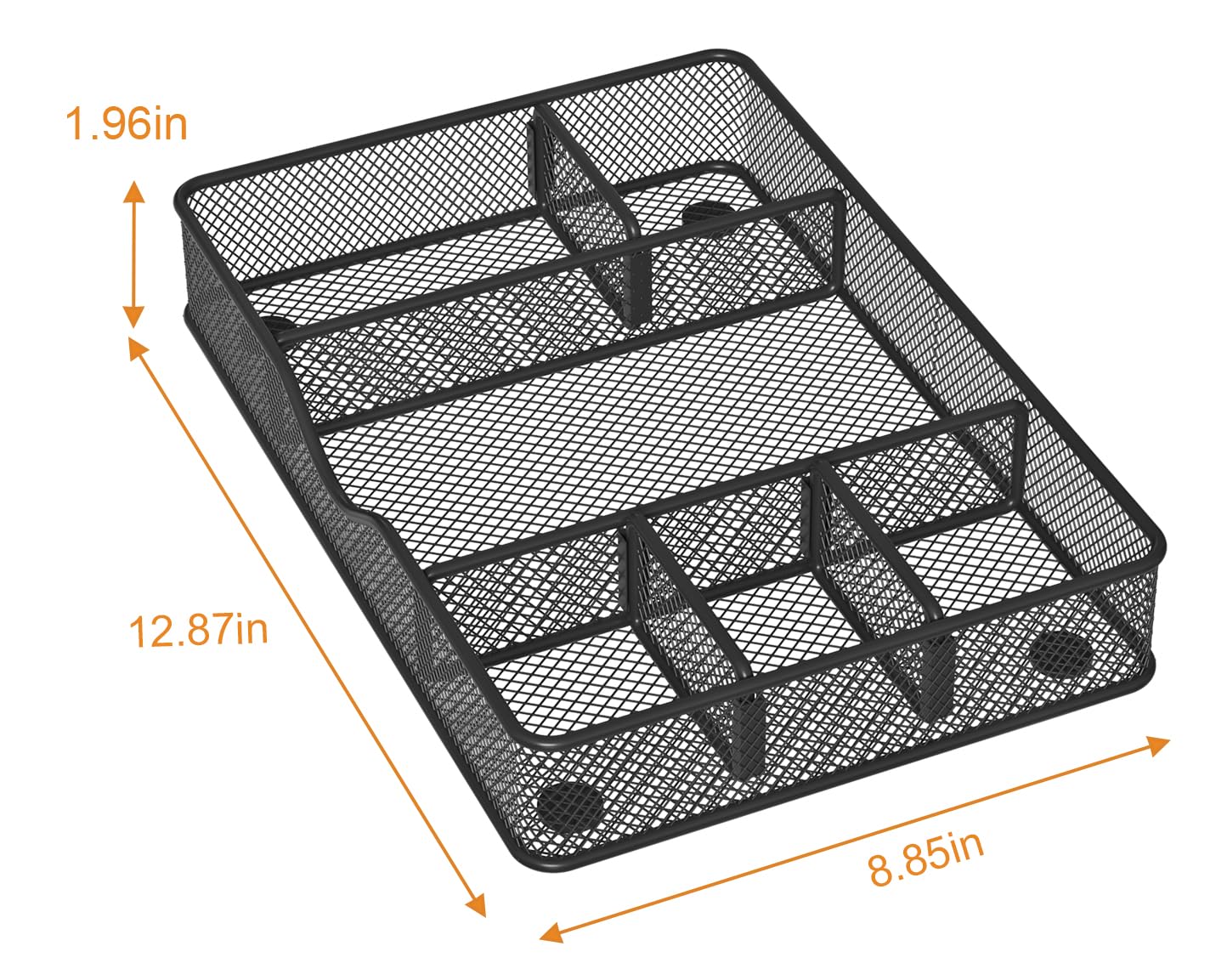 Metal Mesh Desk Drawer Organizer Tray - 6 Adjustable Compartments for Office & Home Use (12.87x8.85x1.96 Inch, Black) - Perfect for Organizing Stationery, Makeup, Jewelry & Small Office Supplies