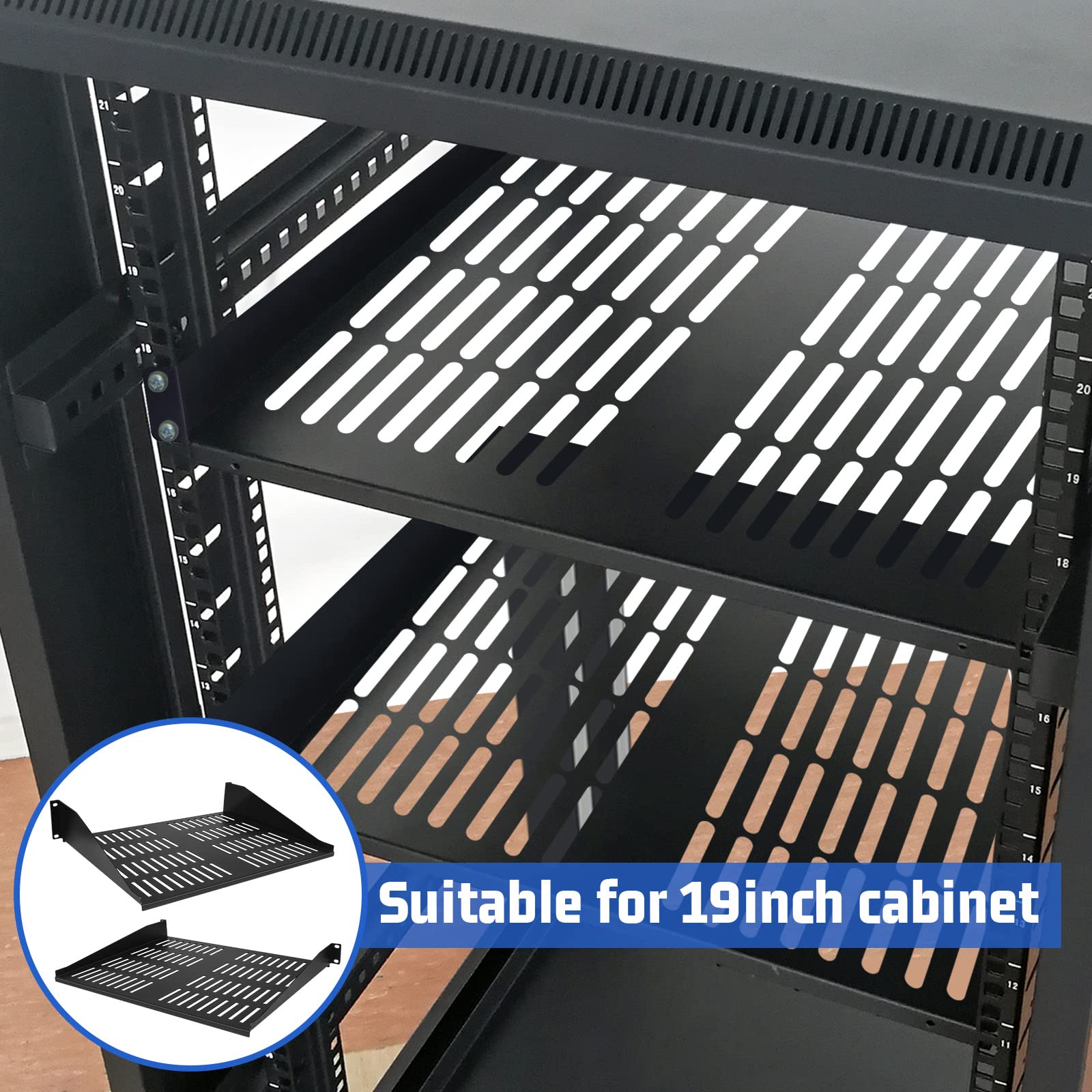 2 Pcs 1U 2U Universal Vented Server Rack Shelf - 19 Inch Network Equipment Mounting Tray for Airflow, 14.5 Inch Deep - Perfect for Data Center, Server Room, and Network Cabinet Organization